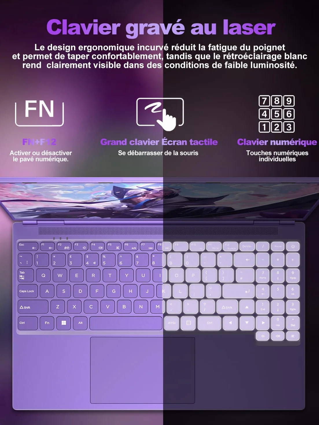 Ordinateur Portable Gaming 16 Pouces 12+512 Go Extensible 1TB Celeron N5095 2,9 GHz 1920x1200 PC Gamer 2K WiFi Mini HDMI Violet