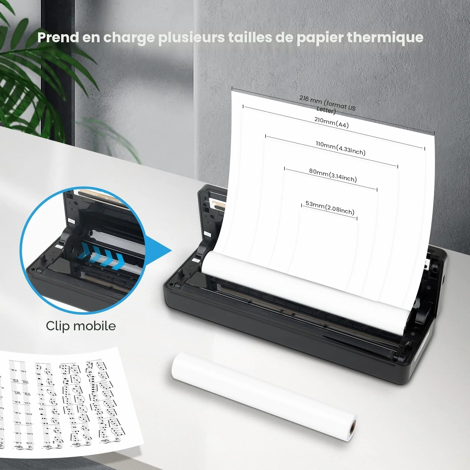 vretti Imprimante Thermique A4 P83 Portable Compatible Android iOS