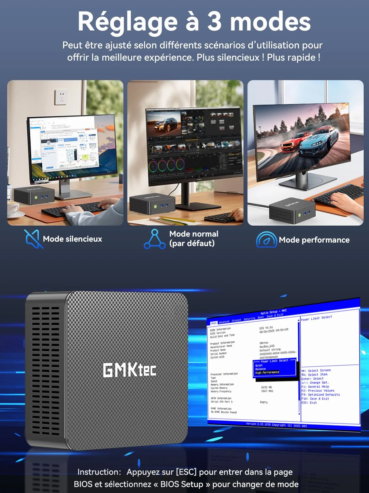 GMKtec Mini PC G3 Pro Intel Core i3-10110U 16 Go RAM DDR4 SSD PCIe 256 Go 2*HDMI 4K USB 3.2 WiFi 6 BT 5.2 2.5GbE LAN