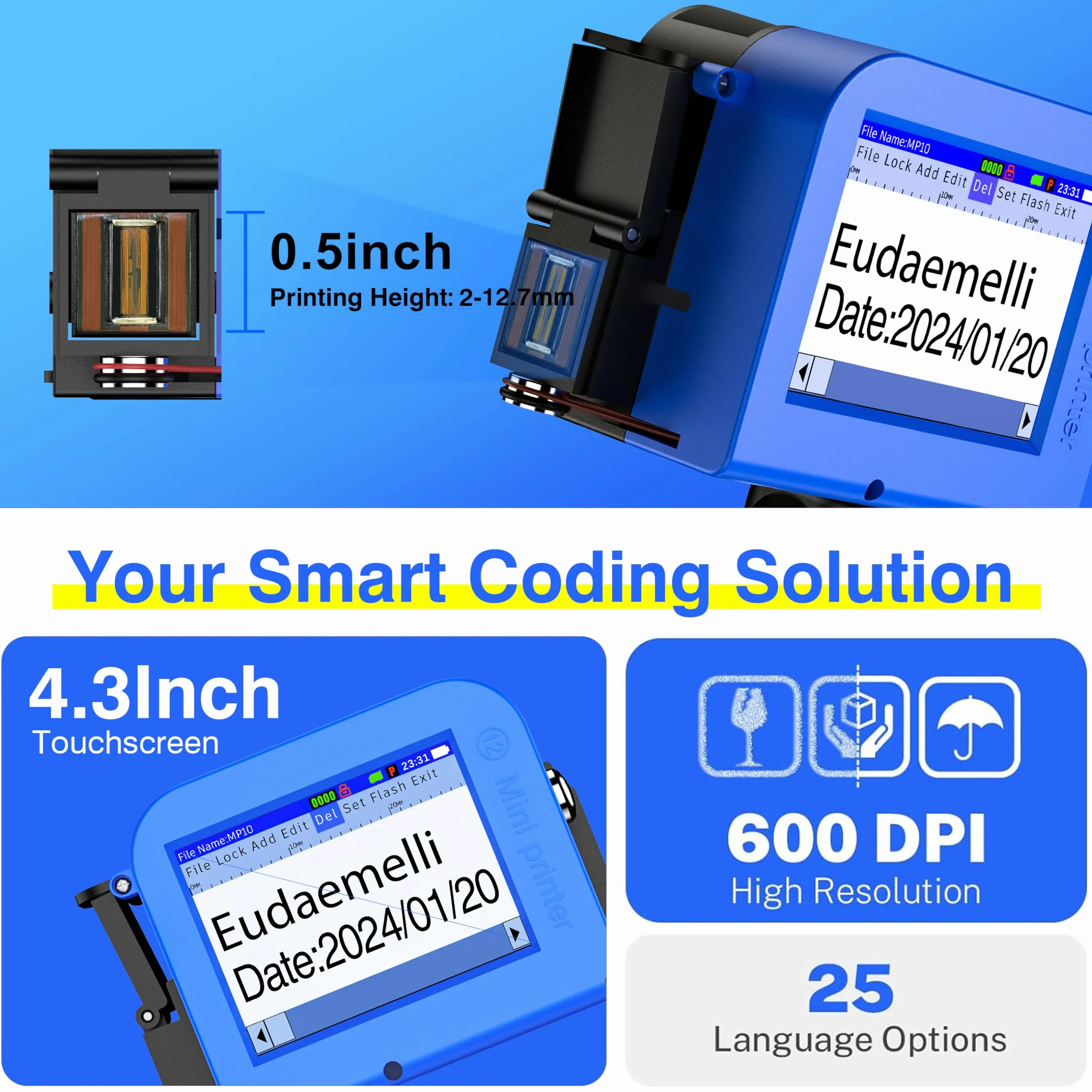 Imprimante à Jet d'encre Portable MINI127 - Mini Jet d'encre Industriel pour Texte, Logo, Code QR, Code-Barres, Date, Numéro de Lot, Série sur Carton, Métal, Plastique, Céramique (2-12,7 mm)