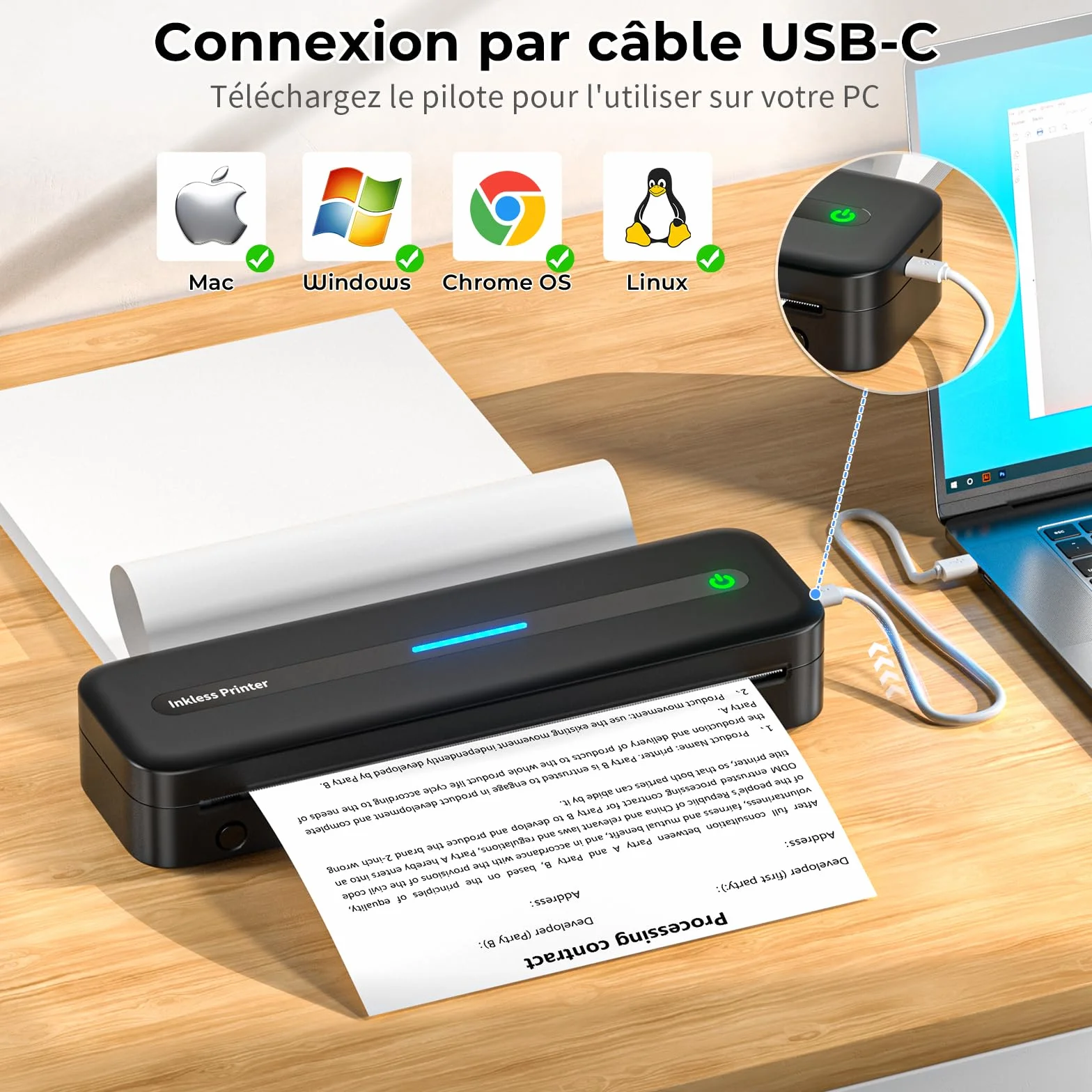 Imprimante Thermique A4 Portable Bluetooth 300 dpi sans Encre pour Voyage