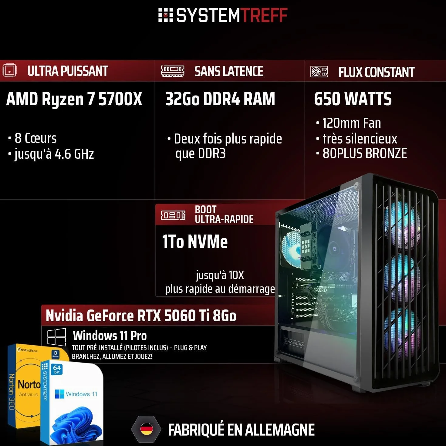 PC Gamer AMD Ryzen 7 5700X 8x4.6GHz Nvidia RTX 5060 Ti 8Go DX12 1To M.2 NVMe 32Go DDR4 RAM Windows 11 Ordinateur de Bureau WLAN