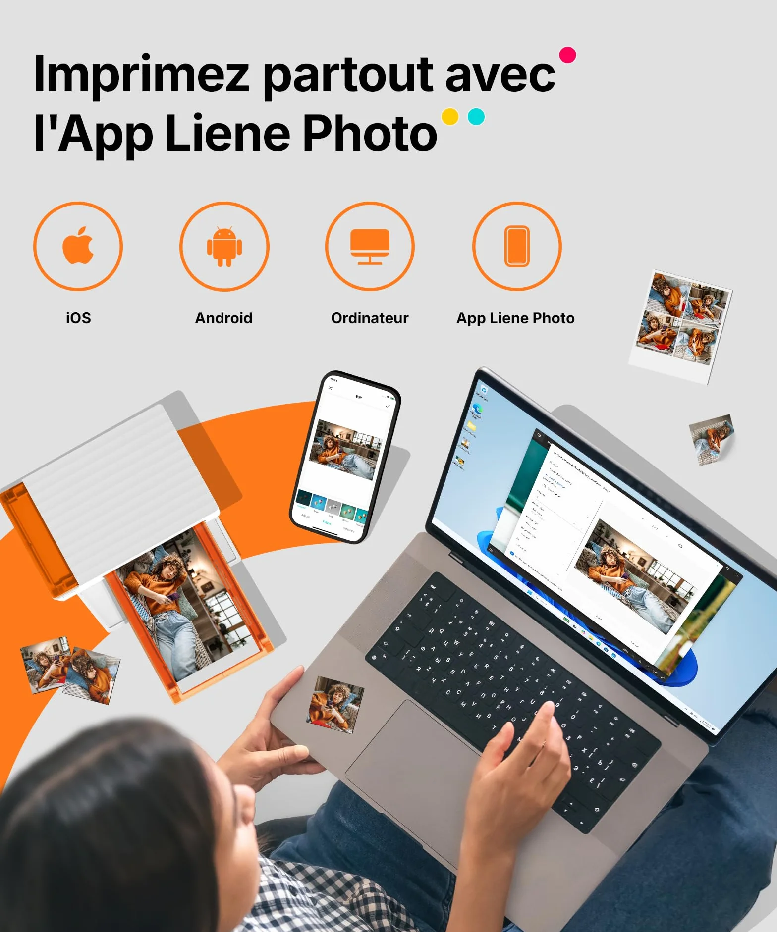 Liene Amber M110 Mini Imprimante Photo Portable Bluetooth Kit 60 Photos 10x15 cm 20 Autocollants 7,7 cm 2 Cartouches Thermosublimation
