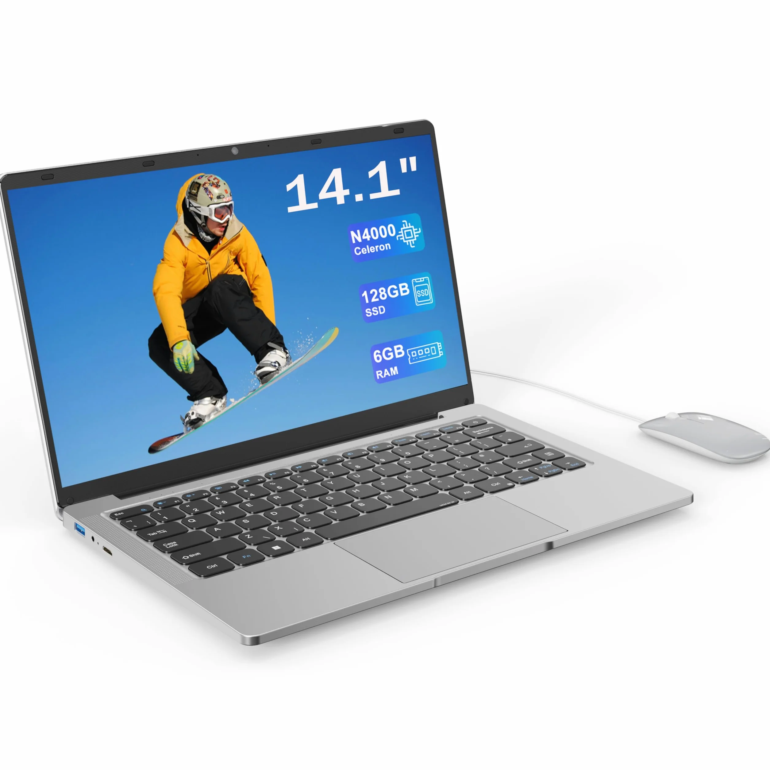 Ordinateur Portable 14,1" HD, 6 Go RAM, SSD 128 Go, Processeur Double Cœur, Wi-Fi 2,4G/5G & Bluetooth, Léger
