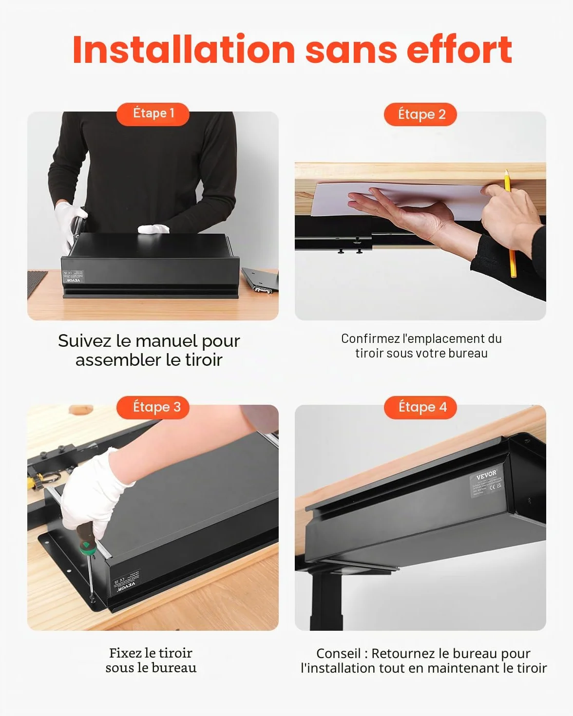 VEVOR Tiroir Coulissant sous Bureau, 440x223x101 mm, Organisateur de Rangement Caché, Capacité 5 kg