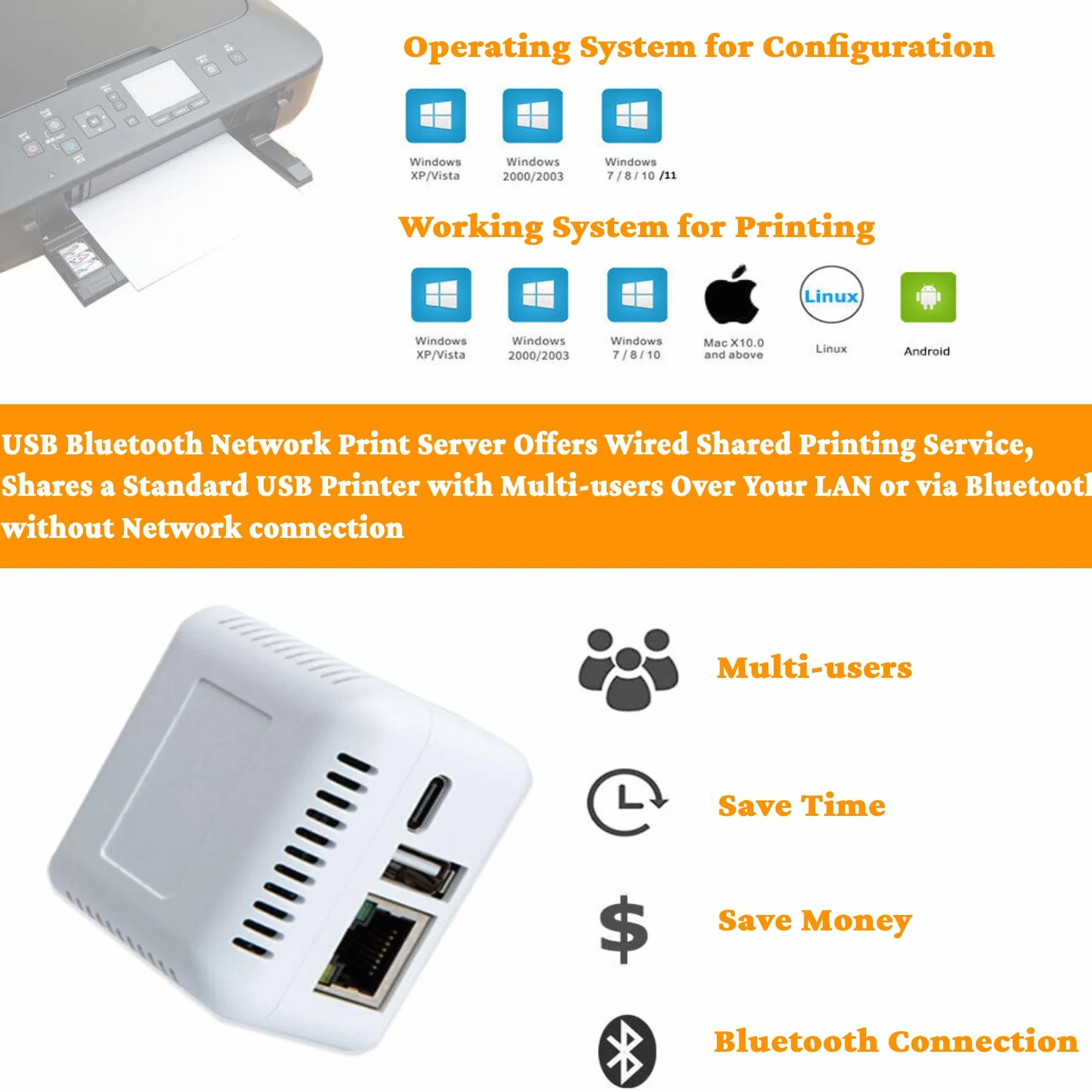 Bewinner Serveur d'impression sans Fil USB 2.0 1 Port Réseau avec Type C