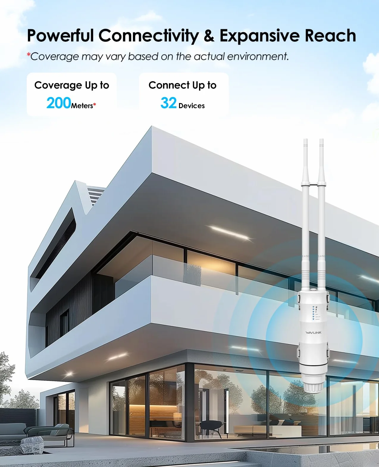 WAVLINK AC1200 Répéteur WiFi Extérieur Longue Portée PoE IP67 Étanche Double Bande 2.4G 5G Point d'Accès Outdoor Antennes Puissantes