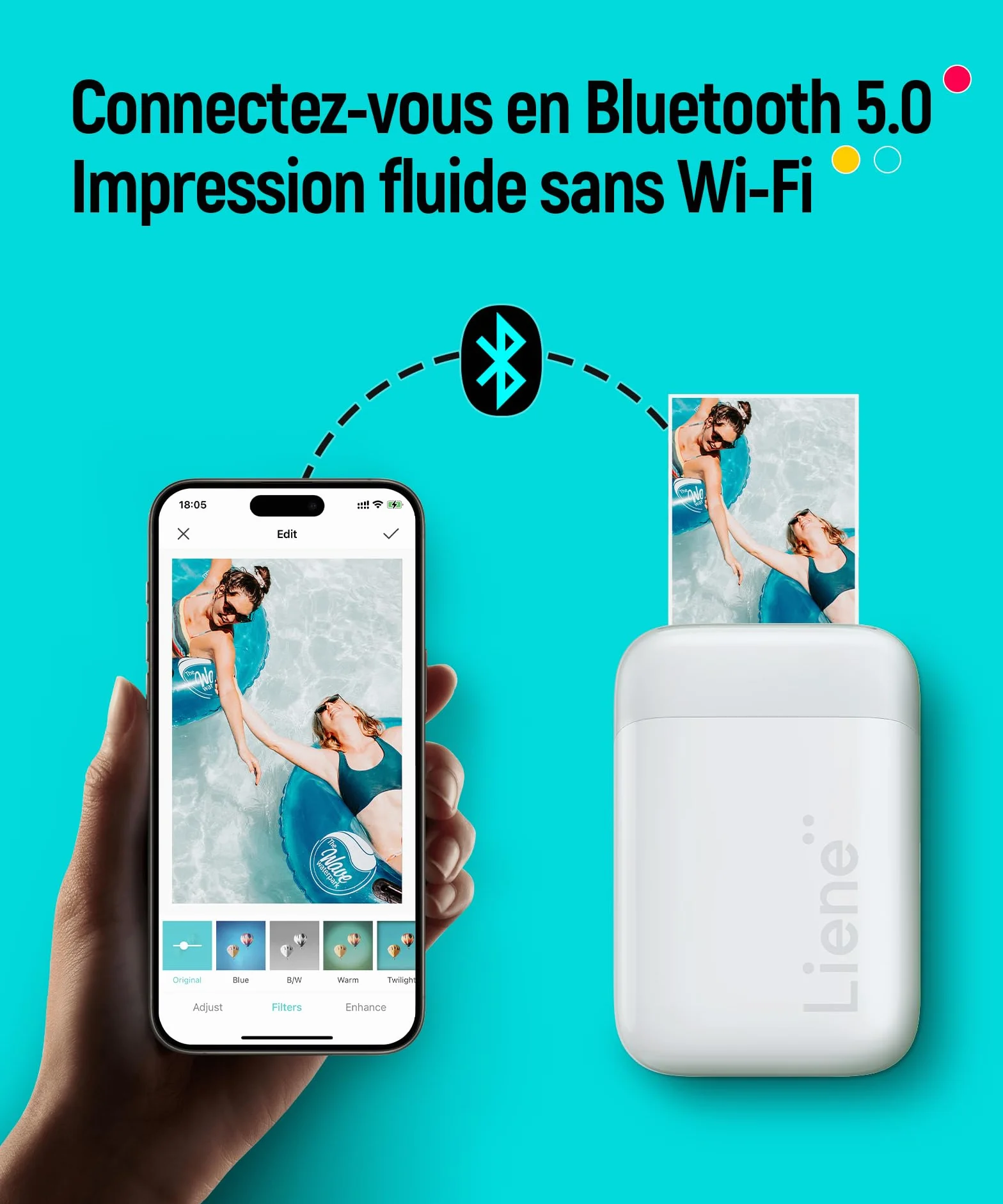 Liene Pearl K100 Mini Imprimante Photo Portable Bluetooth 5.0 50 Zink Papiers à Dos Collant Blanc