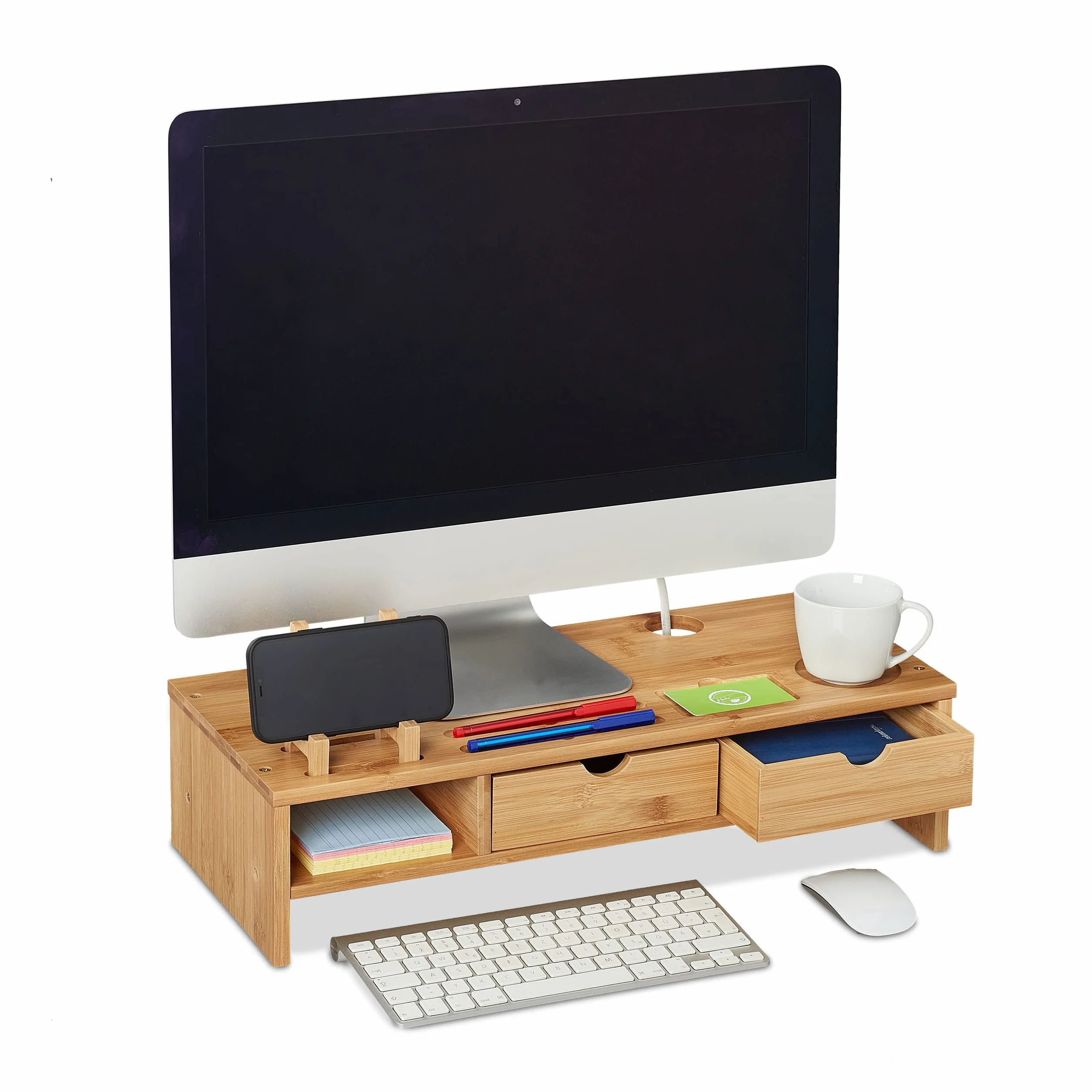 Relaxdays Support d'écran PC en Bambou 2 tiroirs Rehausseur Ordinateur 13x54x23 cm Naturel