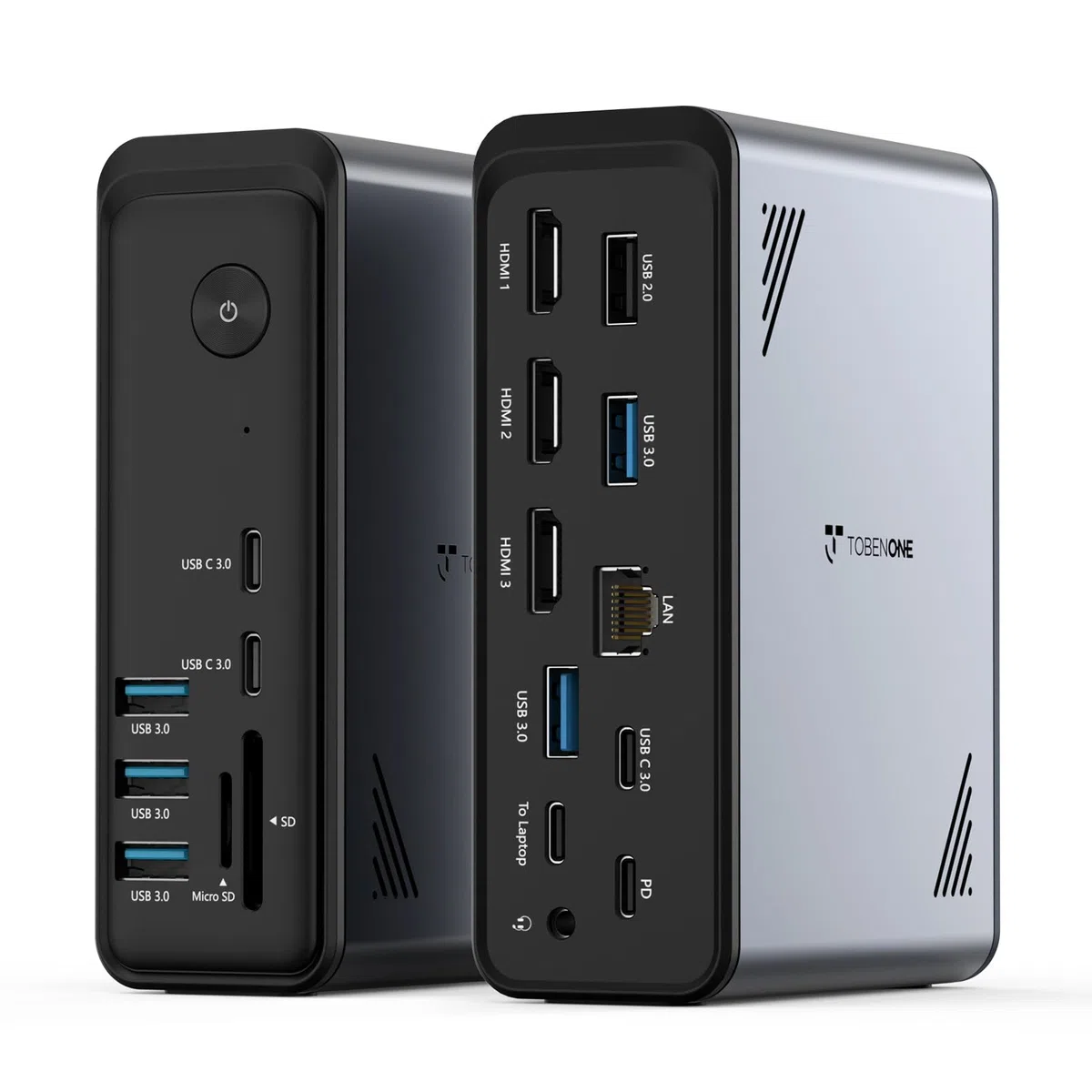 TobenONE Station d'accueil pour ordinateur portable 18 en 1 avec 3 moniteurs, triple écran 4K, 3 ports HDMI, 9 ports USB, Gigabit Ethernet, PD3.0, pour ordinateurs portables Windows/Dell/Lenovo/HP