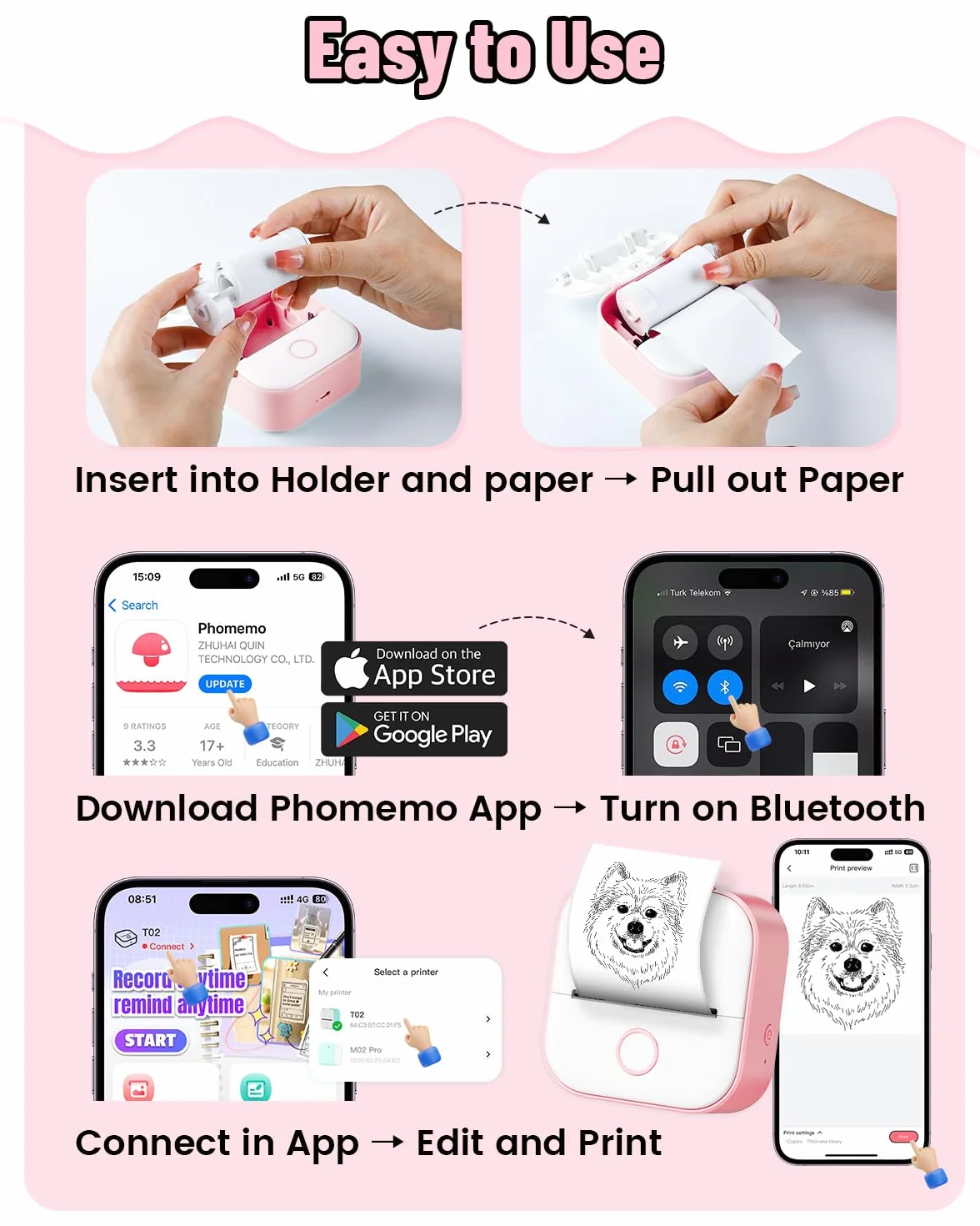 Phomemo T02 Mini Imprimante Portable Bluetooth Thermique pour iOS Android