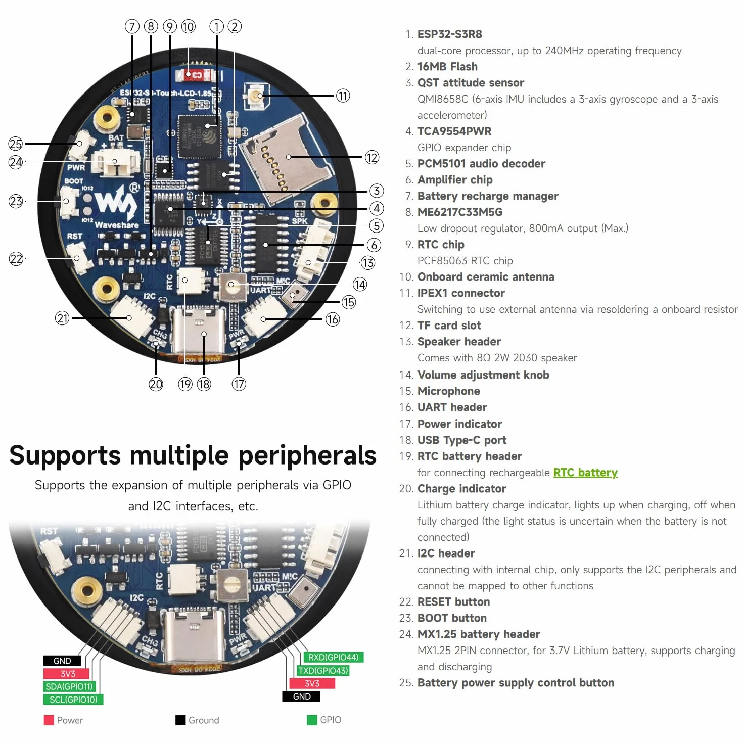 Waveshare ESP32-S3 1.85inch Display Development Board 360x360 32-Bit LX7 Dual-Core Processor 240MHz WiFi BT Accelerometer Gyroscope Sensor