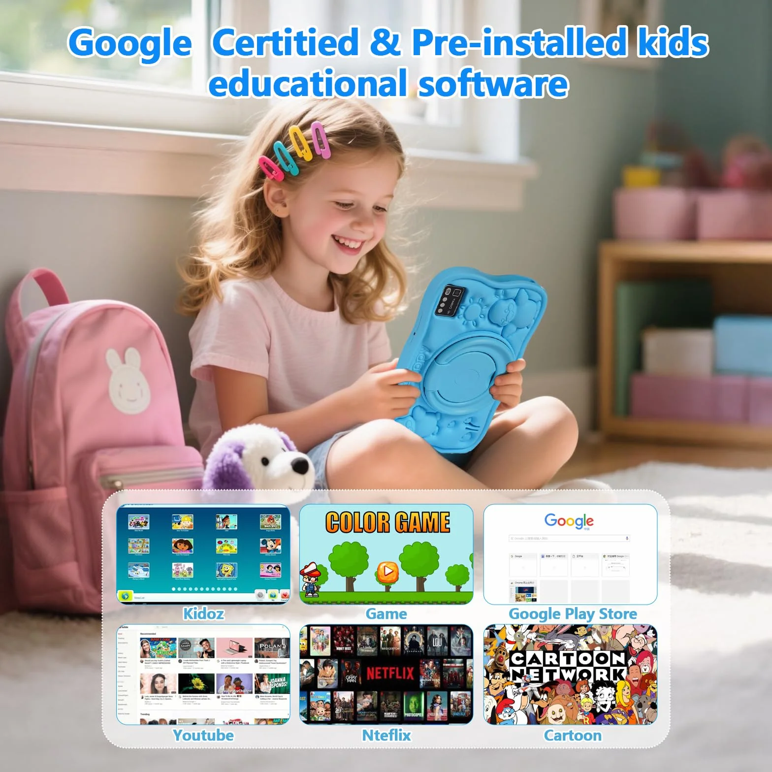 Tablette Enfants 7 Pouces Android 8GB RAM 64GB ROM TF 256GB Contrôle Parental WiFi Bluetooth Tactile Éducative Kid-Proof Étui Bleu