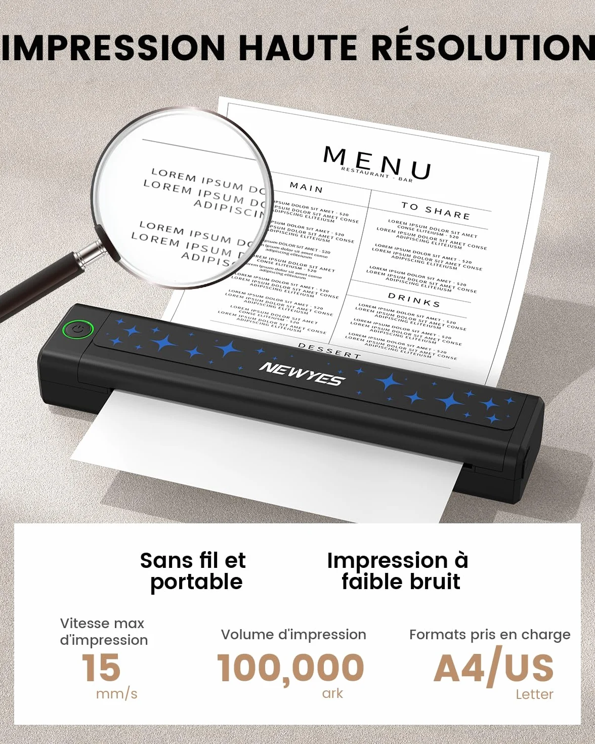 NEWYES Imprimante Thermique Portable sans Fil sans Encre pour Affaires Voyage Maison Éducation