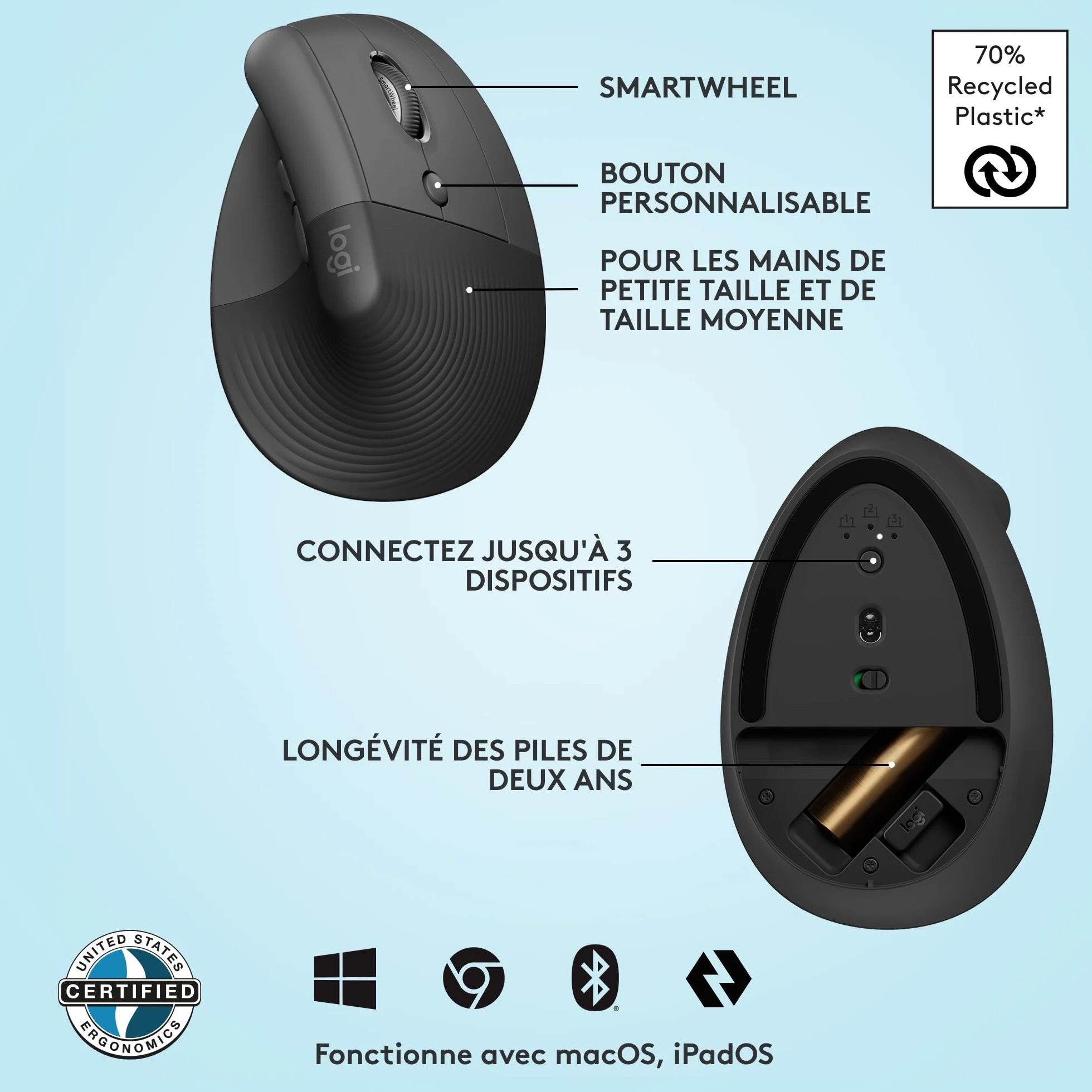 Souris Ergonomique Verticale Logitech Lift sans Fil Bluetooth Logi Bolt Silencieuse 4 Boutons Graphite