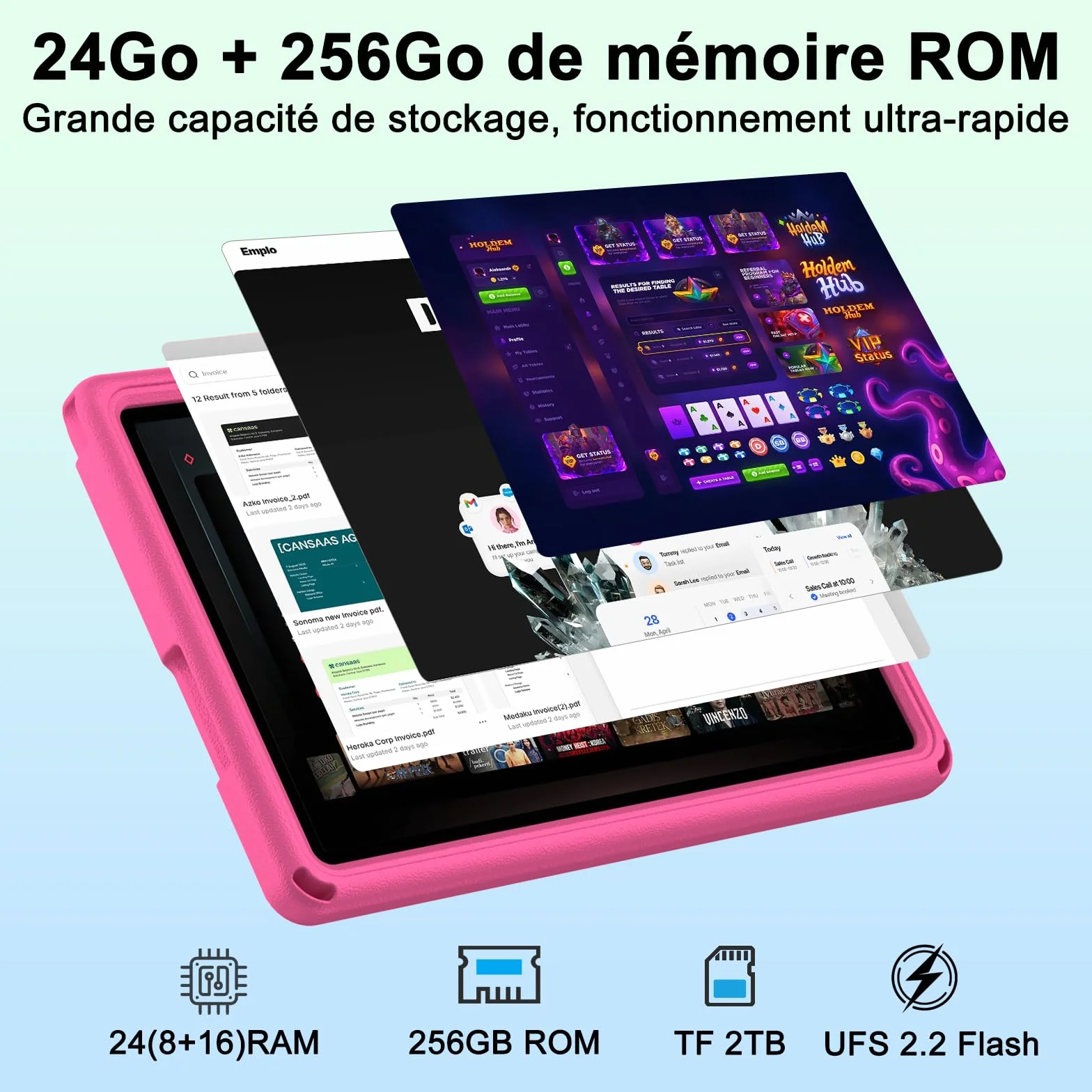 Tablette Android 15 pour enfants 11 Pouces 24Go+256Go/2To Octa-Core Gemini AI Widevine L1 8000 mAh 13MP+5MP EVA Silicone Étui Protection Boîtier Métallique Rose