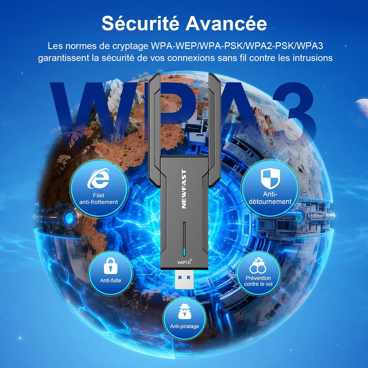 NEWFAST Clé WiFi 6E AXE5400 NF-U353, Tri-Bande USB 3.0 Adaptateur WiFi 6GHz WPA3 pour PC Windows 11/10