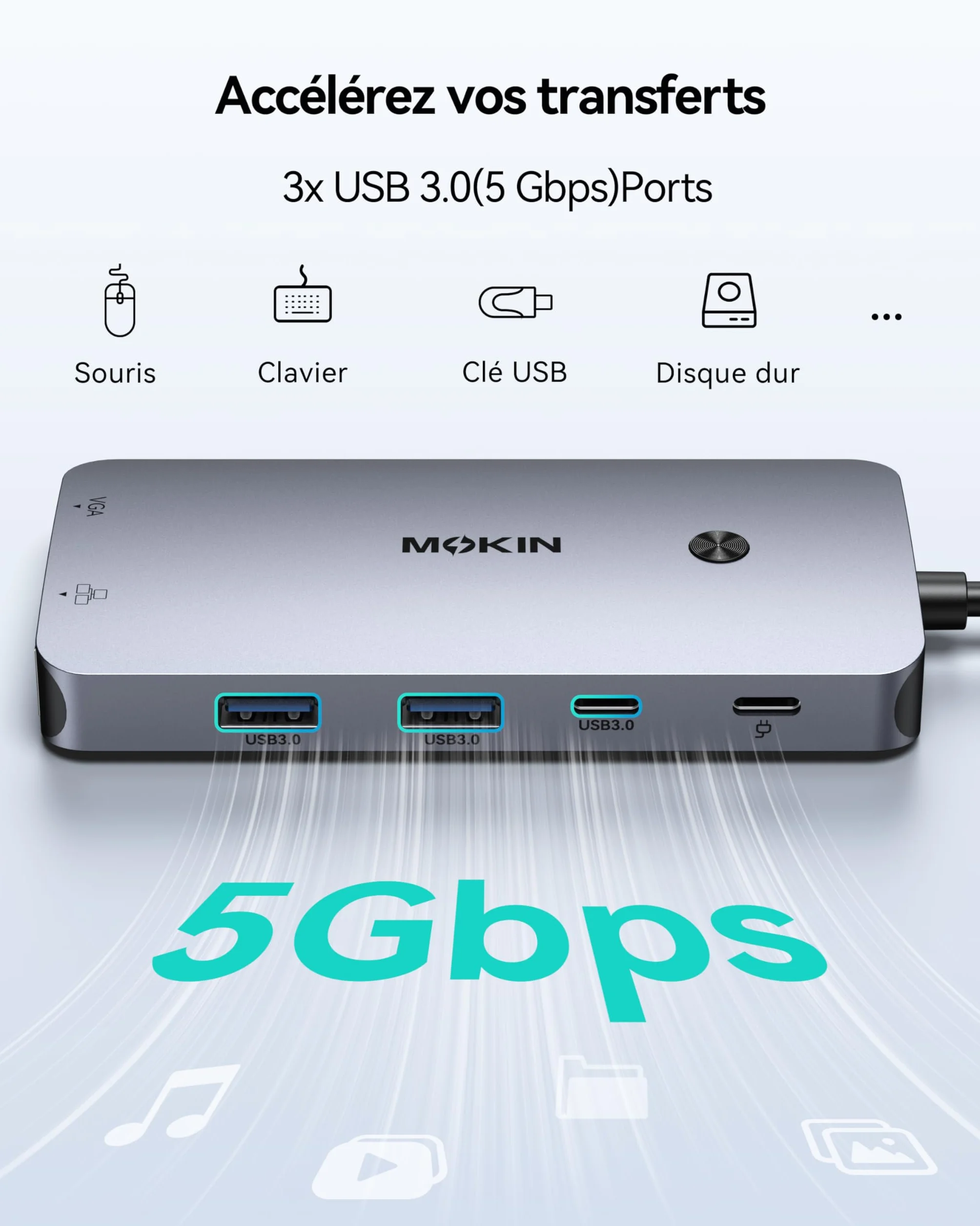 MOKiN Station d'accueil USB C Triple Écran 9 en 1 Dock USB C Double HDMI 4K DisplayPort VGA PD 100W Ethernet Gigabit USB A/C 3.0