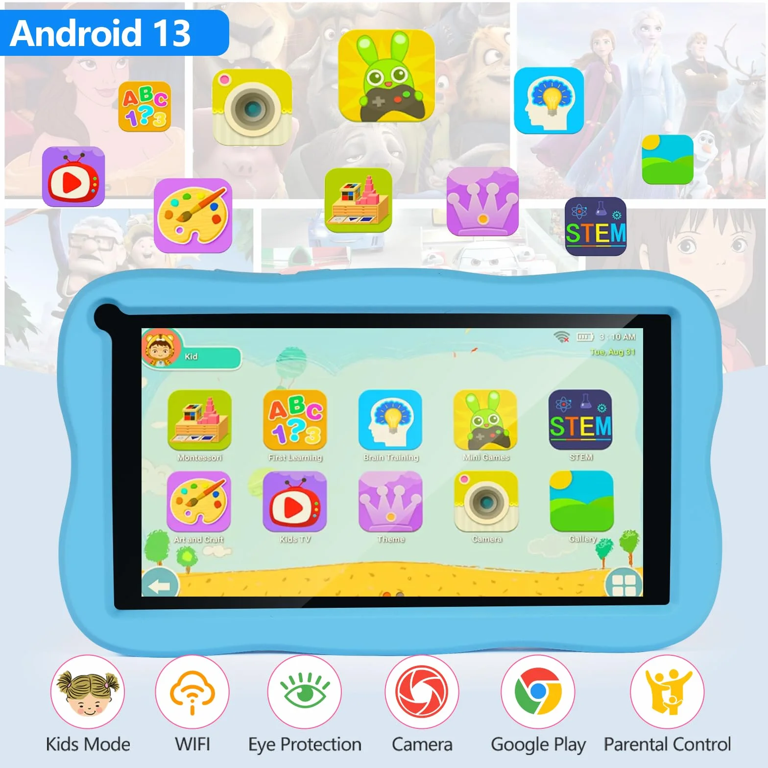 Tablette Enfants 7 Pouces Android 8GB RAM 64GB ROM TF 256GB Contrôle Parental WiFi Bluetooth Tactile Éducative Kid-Proof Étui Bleu