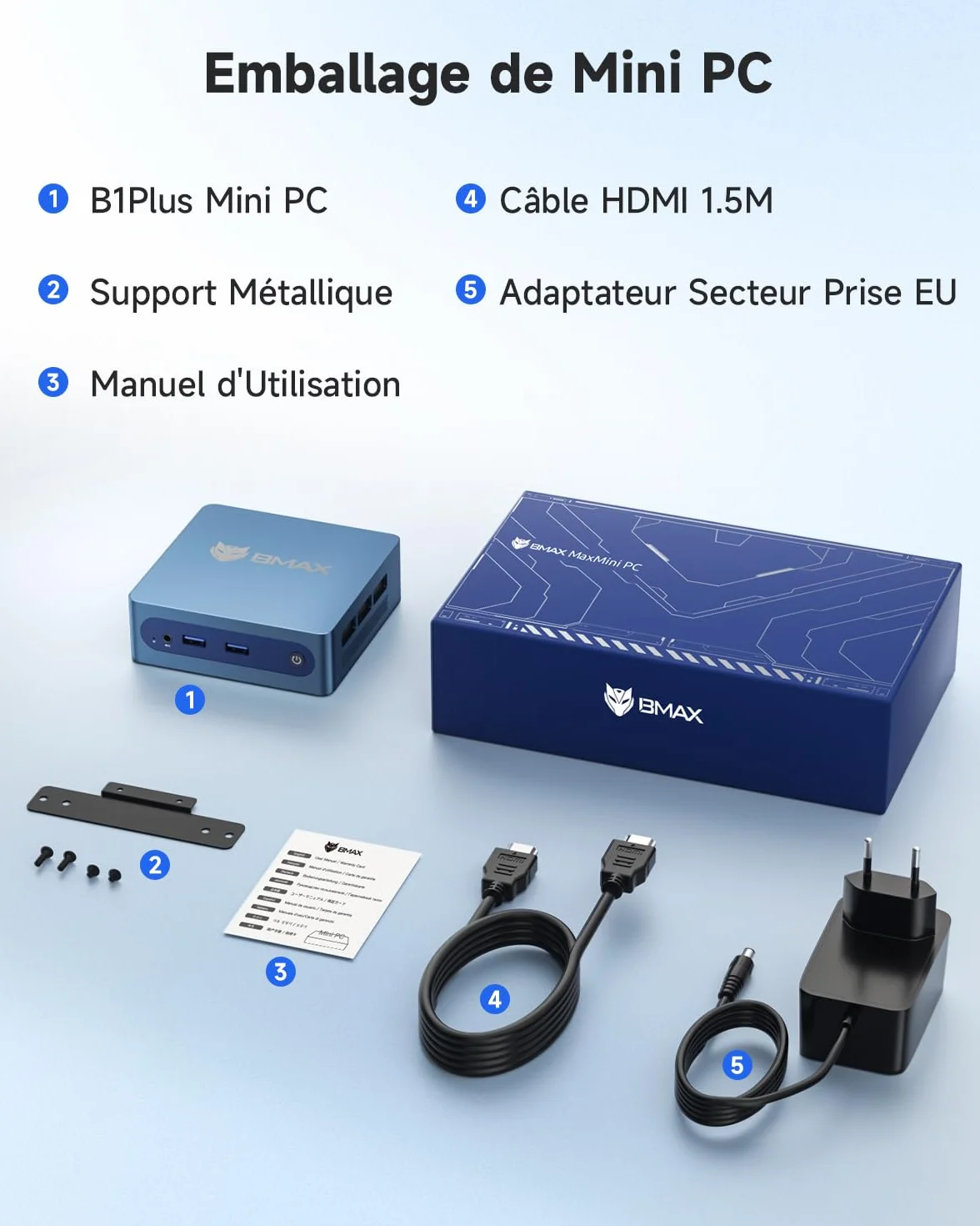 BMAX B1Plus Mini PC Win 11 Intel Celeron J3355 6 Go LPDDR3 RAM 128 Go eMMC SSD Ordinateur Bureau Double écran WiFi 5 BT5.0