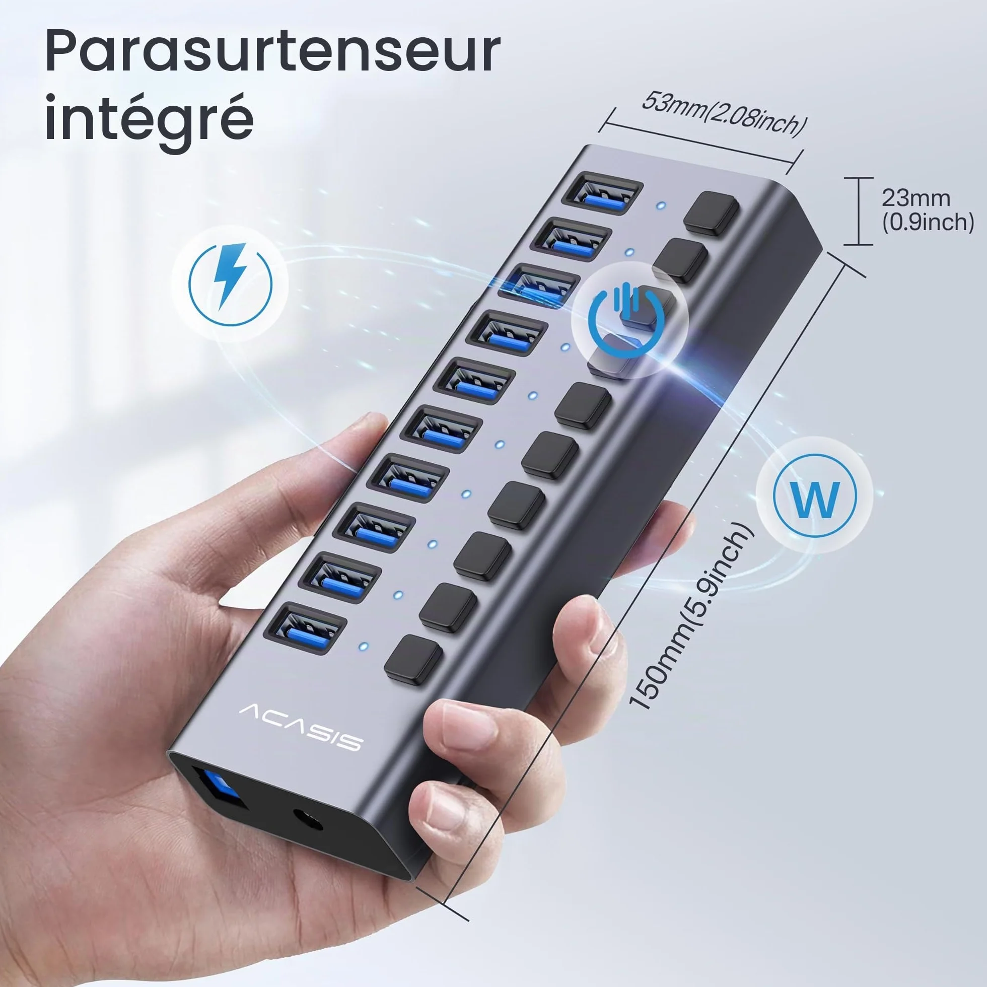 ACASIS Hub USB 3.2 10 Ports, 10Gbps avec Interrupteurs Individuels, 48W Alimentation