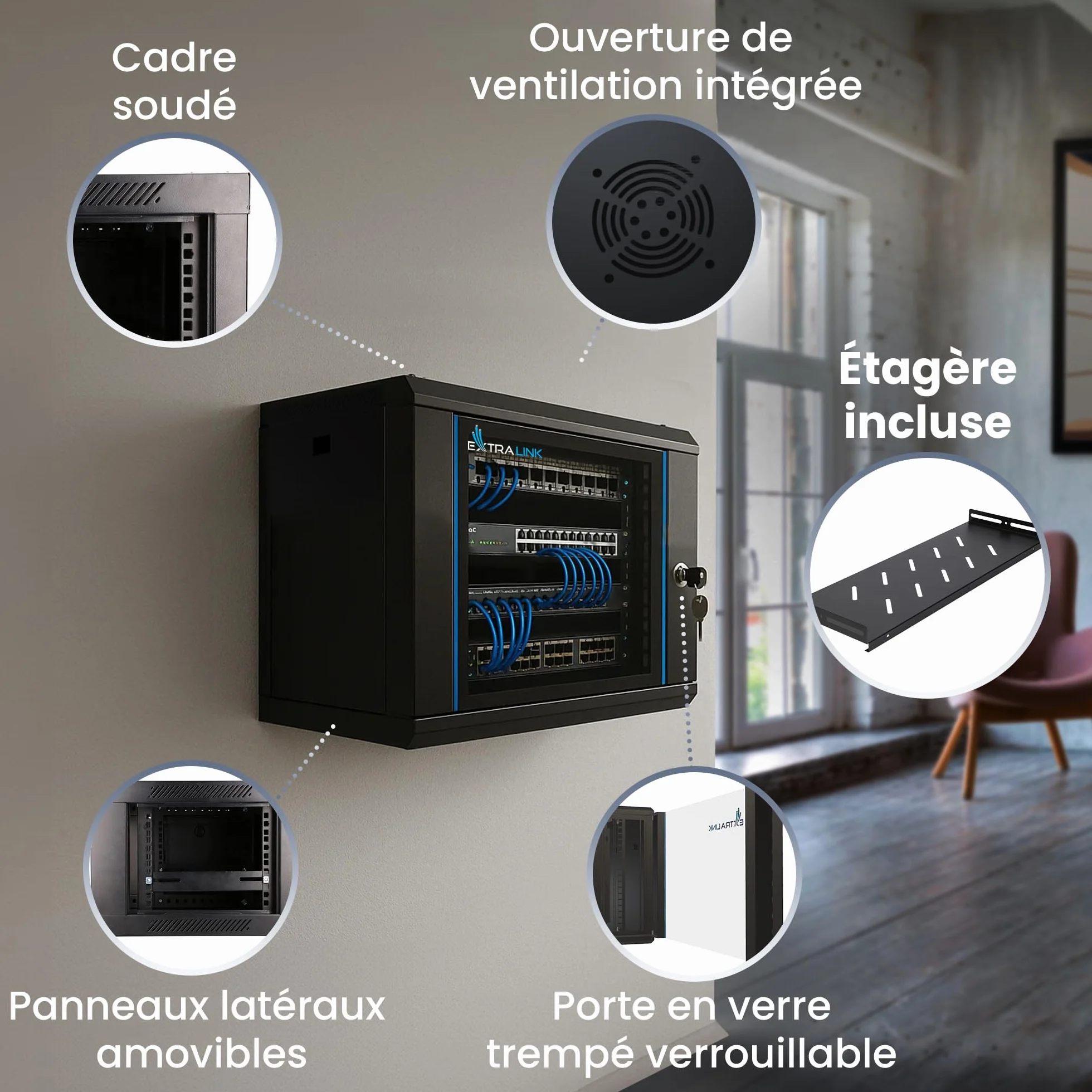 Extralink Baie de Brassage 19 Pouces 6U Armoire réseau 400mm Profondeur Montage Mural Sol 60kg Noir