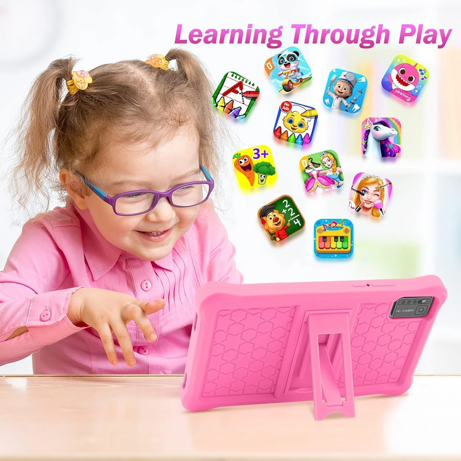 Tablette Enfants 7 Pouces Android Éducative 8Go RAM 64Go ROM TF 256Go Contrôle Parental Bluetooth WiFi Étui Antichoc EVA Rosa