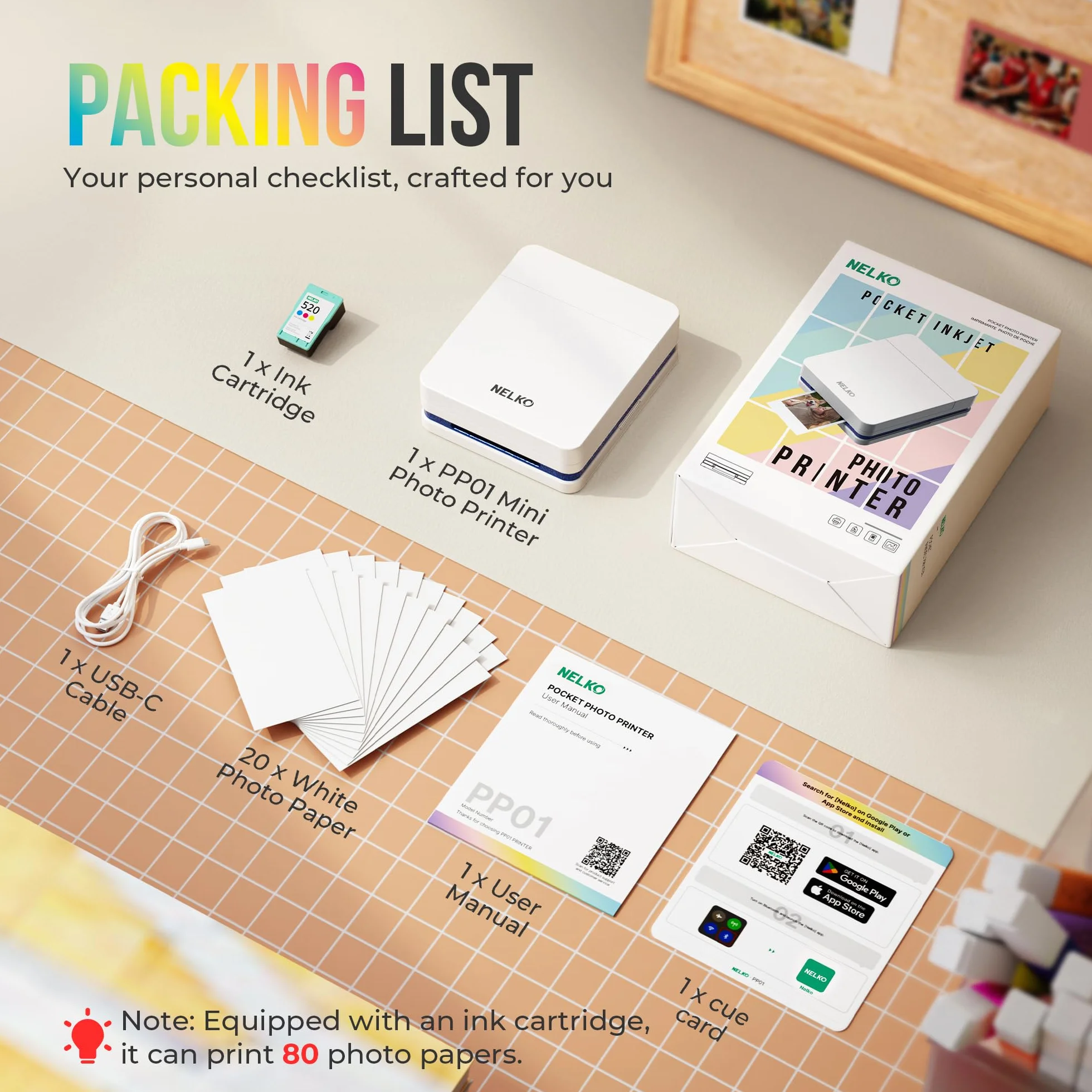 Nelko PP01 Imprimante Photo Mini Jet d'Encre Autocollante Bluetooth 20 Feuilles Papier Photo Blanc