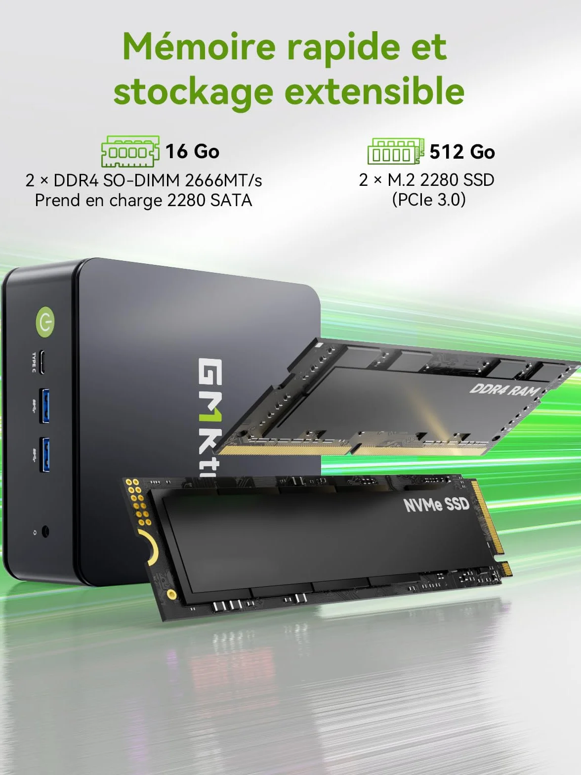 GMKtec G11 Mini PC AMD Ryzen Embedded R2514 16Go DDR4 512Go SSD PCIe 3.0 Dual LAN 2,5G WiFi6E Triple écran 4K
