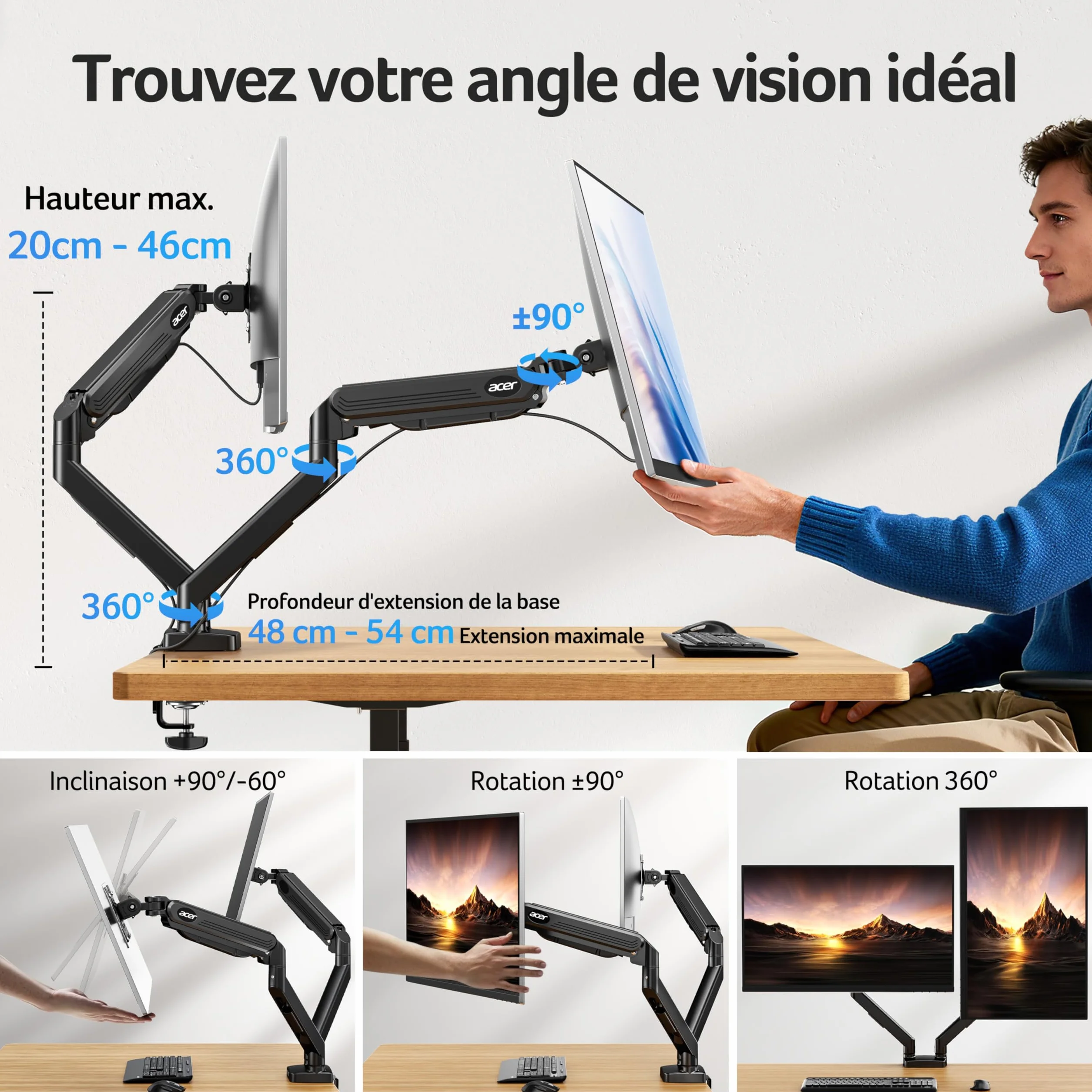 Acer Bras Écran PC Double Ecran 17-32 Pouces VESA 75/100mm Capacité 2-9kg Réglable Hauteur Incline Pivote Tourne Articulé Ressort Gaz