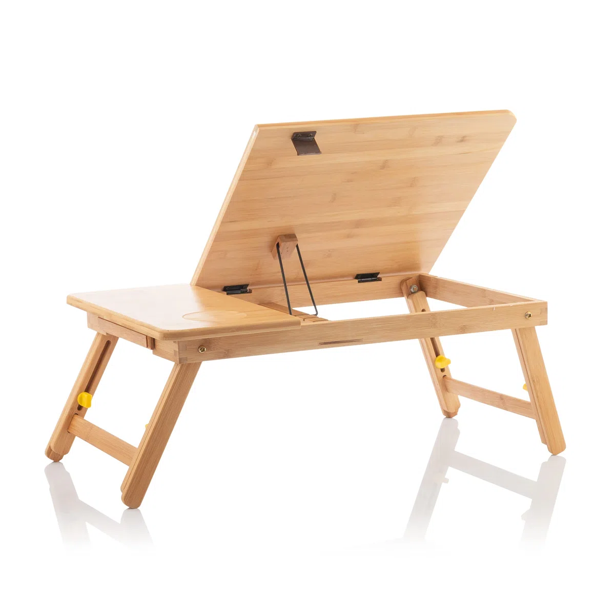 InnovaGoods Table Pliante d'Appoint en Bambou Lapwood avec Tiroir et Repose-Verre, Hauteur Réglable 21-27cm, Beige, 53,5 x 21-27 x 34 cm
