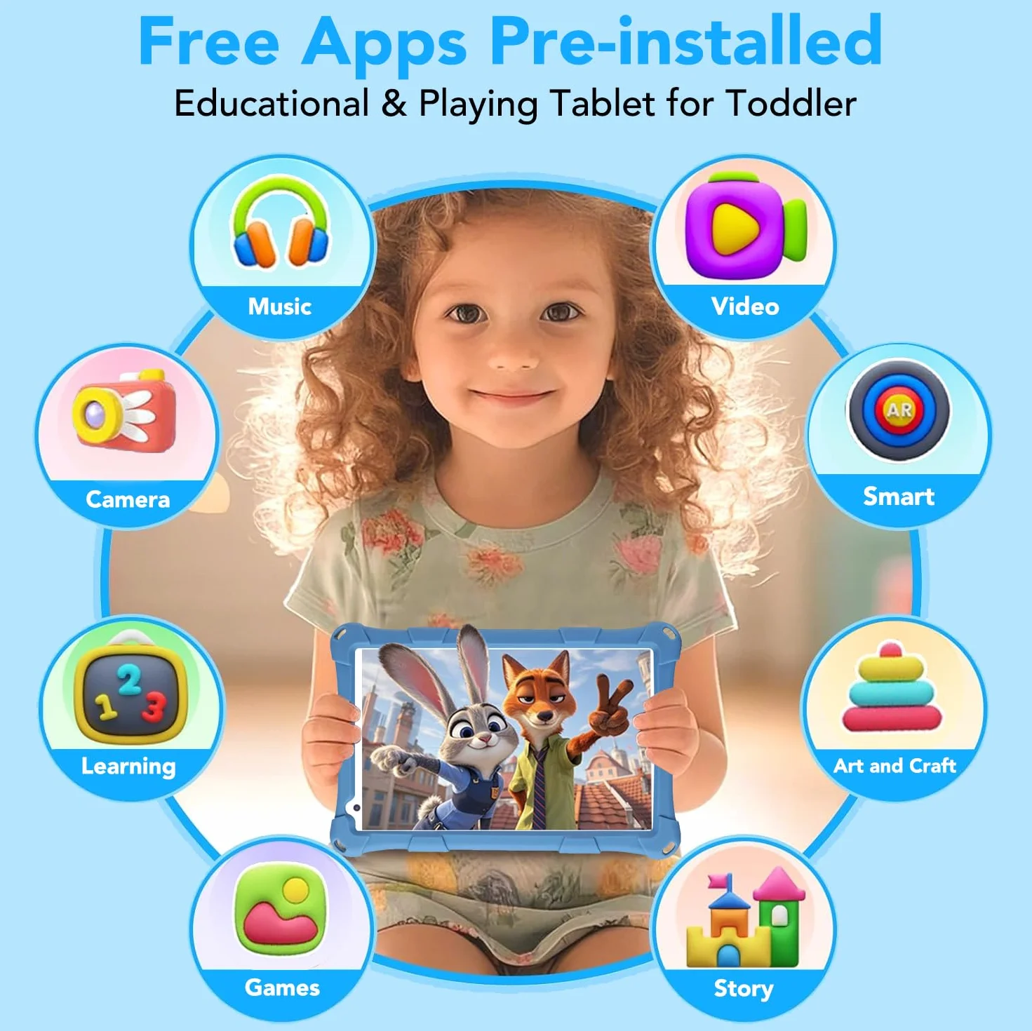 Tablette Enfants 8 Pouces Android 6+10 RAM 128Go ROM Carte TF 256Go certifiée Google Wi-Fi étui Antichoc Bleu