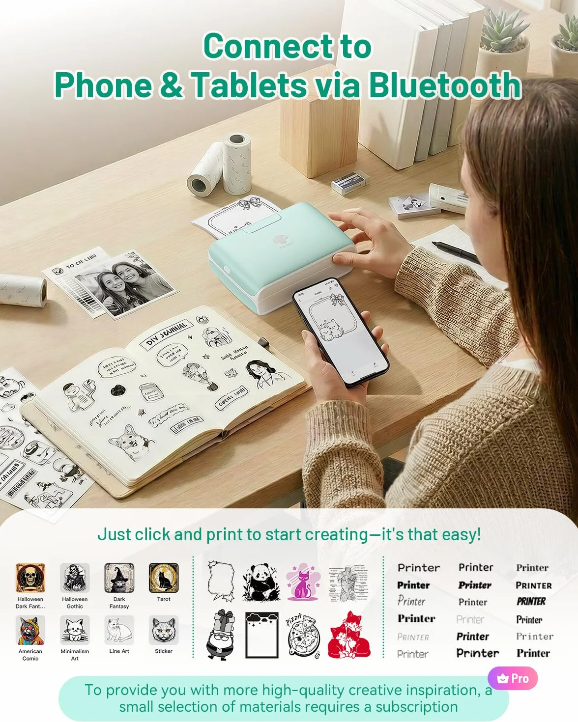 Phomemo M04S Mini Imprimante Thermique Portable, 53/80/110 mm, 300dpi, iOS Android, Vert