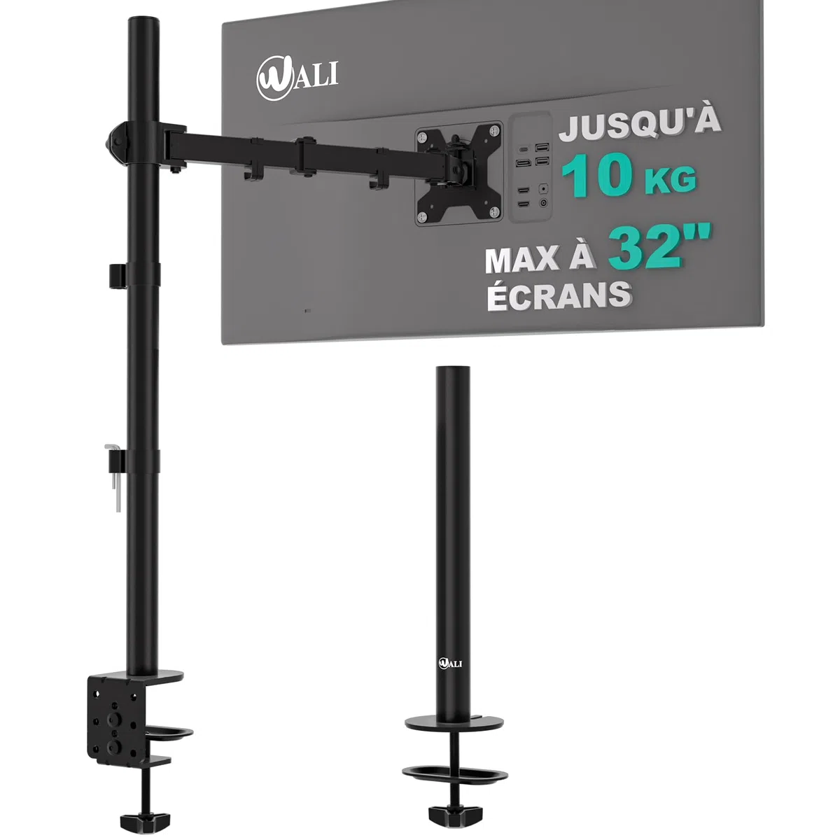WALI Support Ecran PC Bras Simple pour Moniteurs 32 Pouces, Rotatif Pivotant, 10kg, VESA 75/100 mm