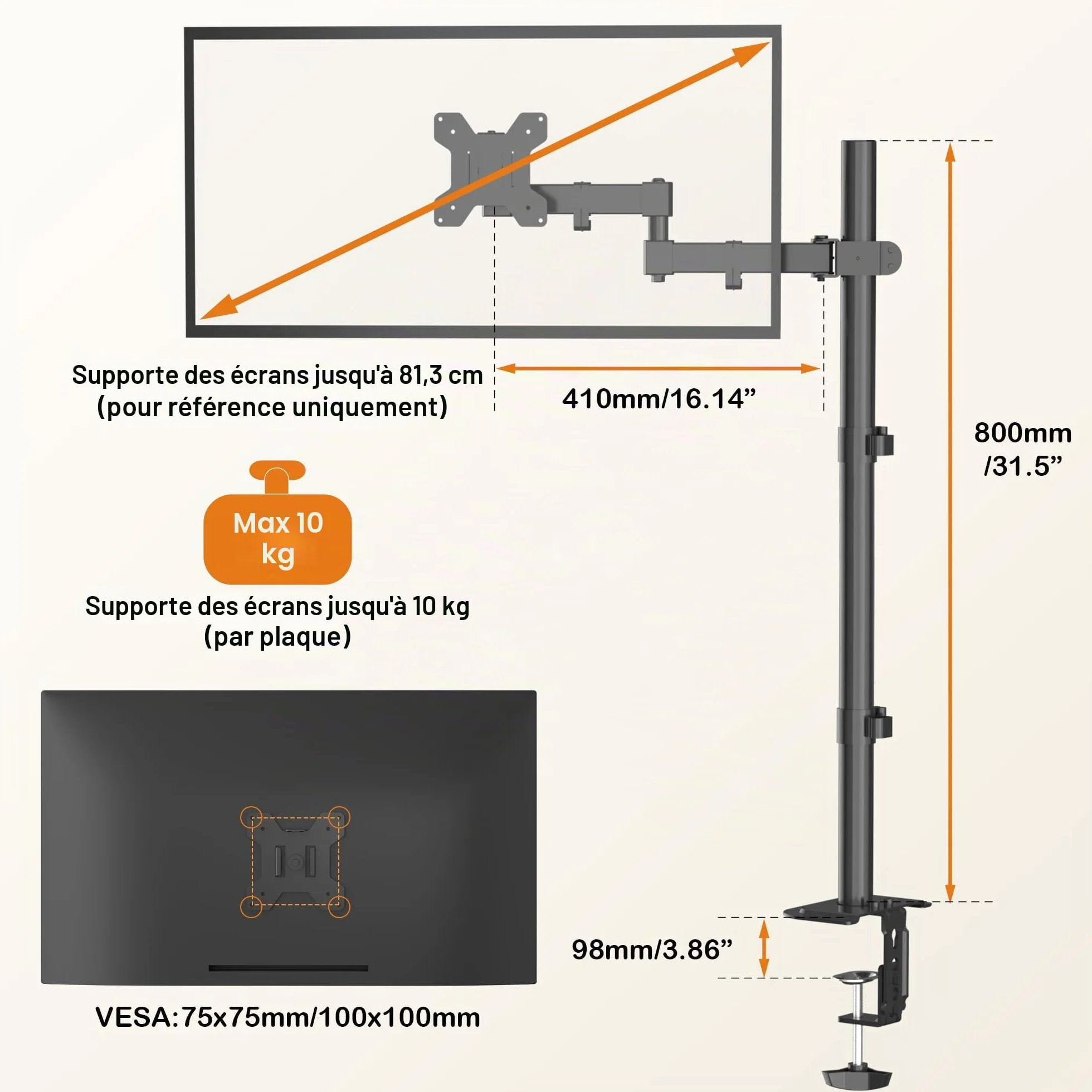 Bras Écran PC Bracwiser pour Moniteurs 13-32 Pouces, VESA 75/100 mm, Réglable en Hauteur 80cm, Rotation 360°, Pivotement 90°, Charge Max 10 kg