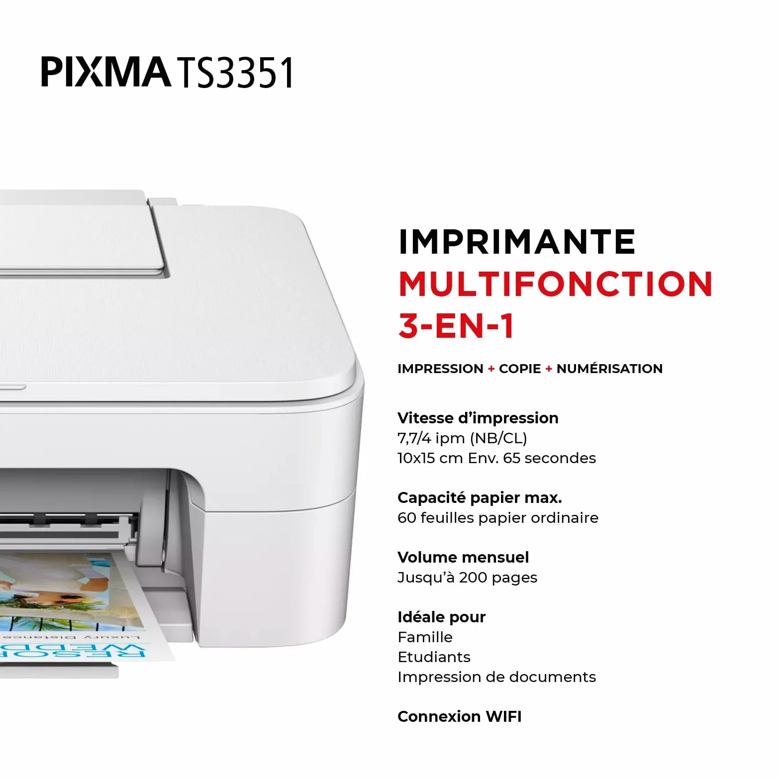 Canon PIXMA TS3351 imprimante A4 WiFi Jet d'encre Multifonction Blanc