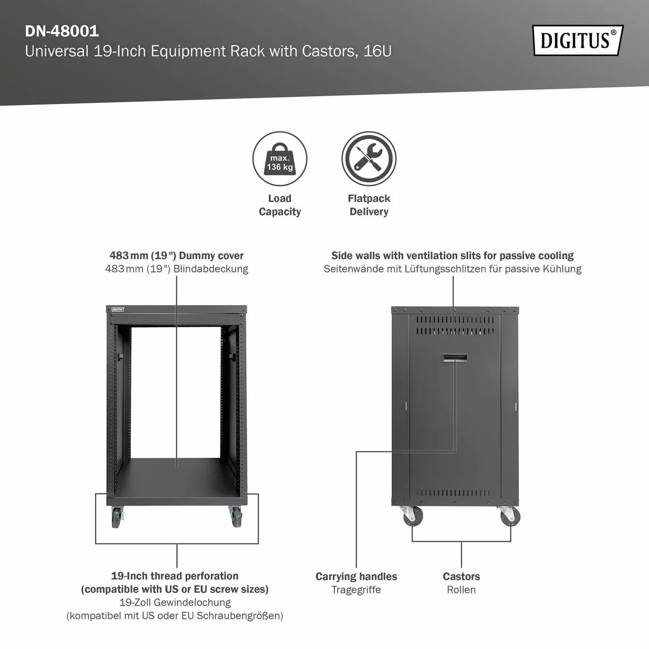 DIGITUS DN-48001 Rack Audio 19 Pouces 16U Universel Charge maximale 136 kg avec roulettes Noir