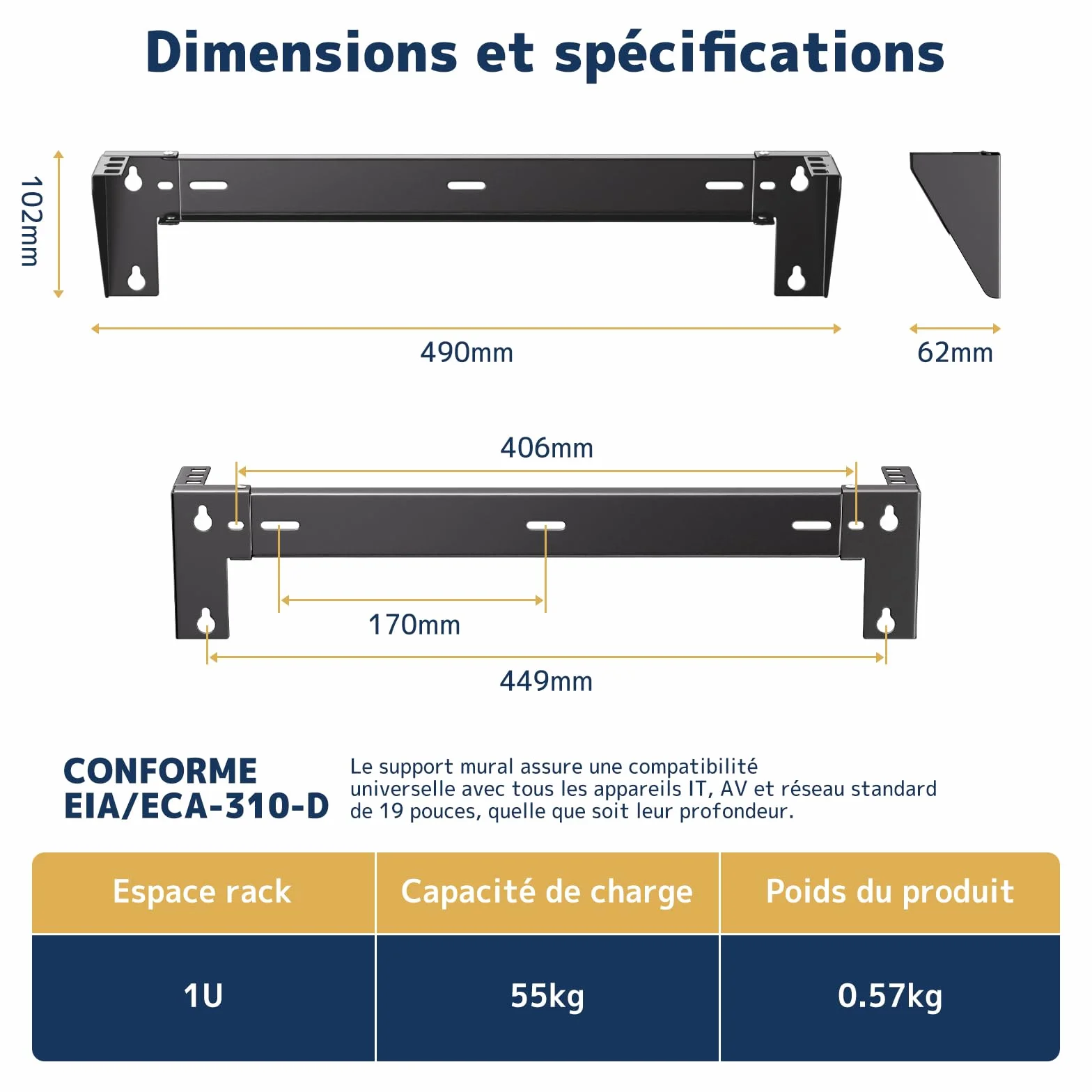 Support Rack Mural 1U 19 Pouces Acier pour Serveur Switch Réseau Panneau de Brassage Charge 55 kg Kit Montage Inclus