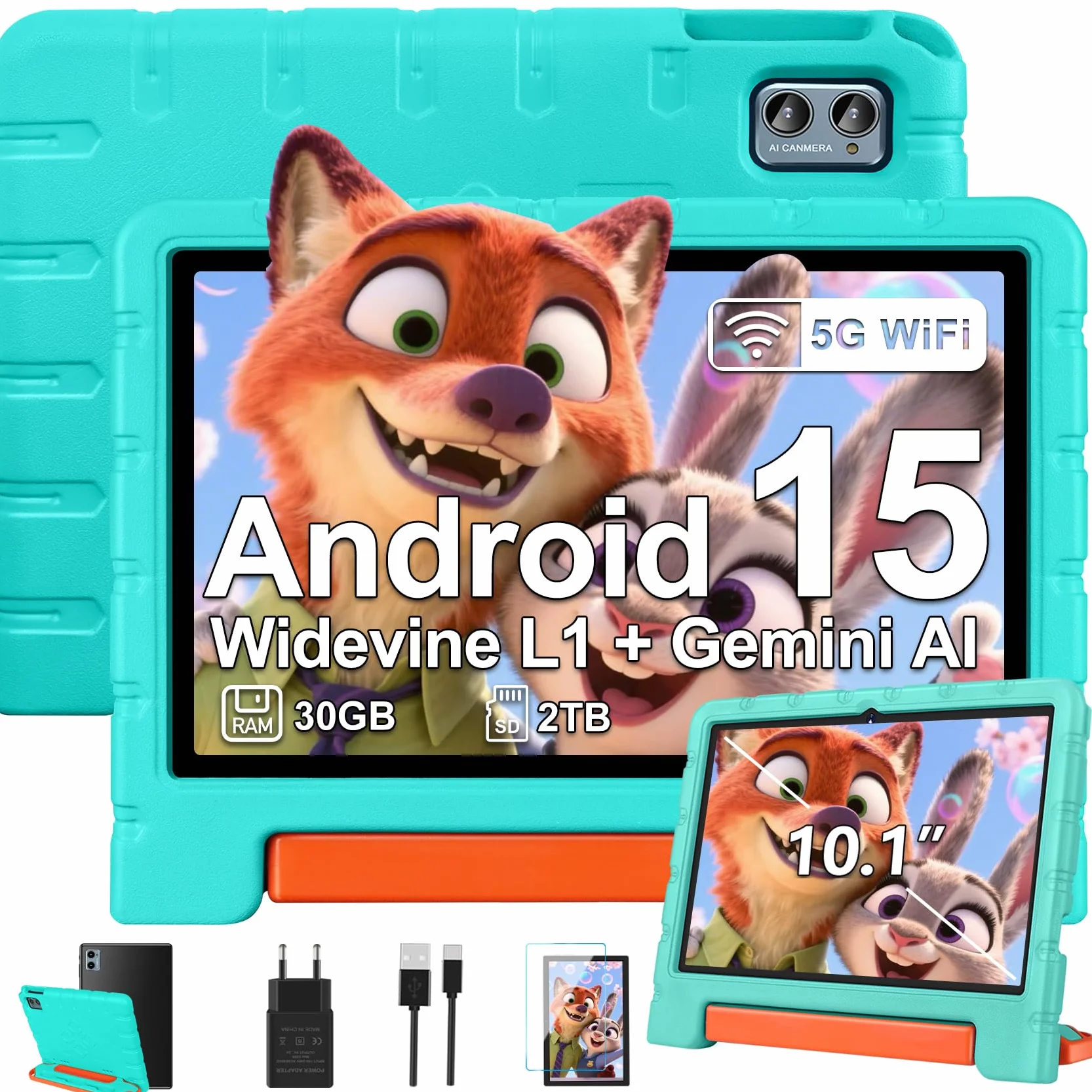 ZIOVO Tablette Enfants 10 Pouces Android 15, 30Go RAM+64Go ROM, 5G WiFi, Octa-Core, 6000 mAh, Vert