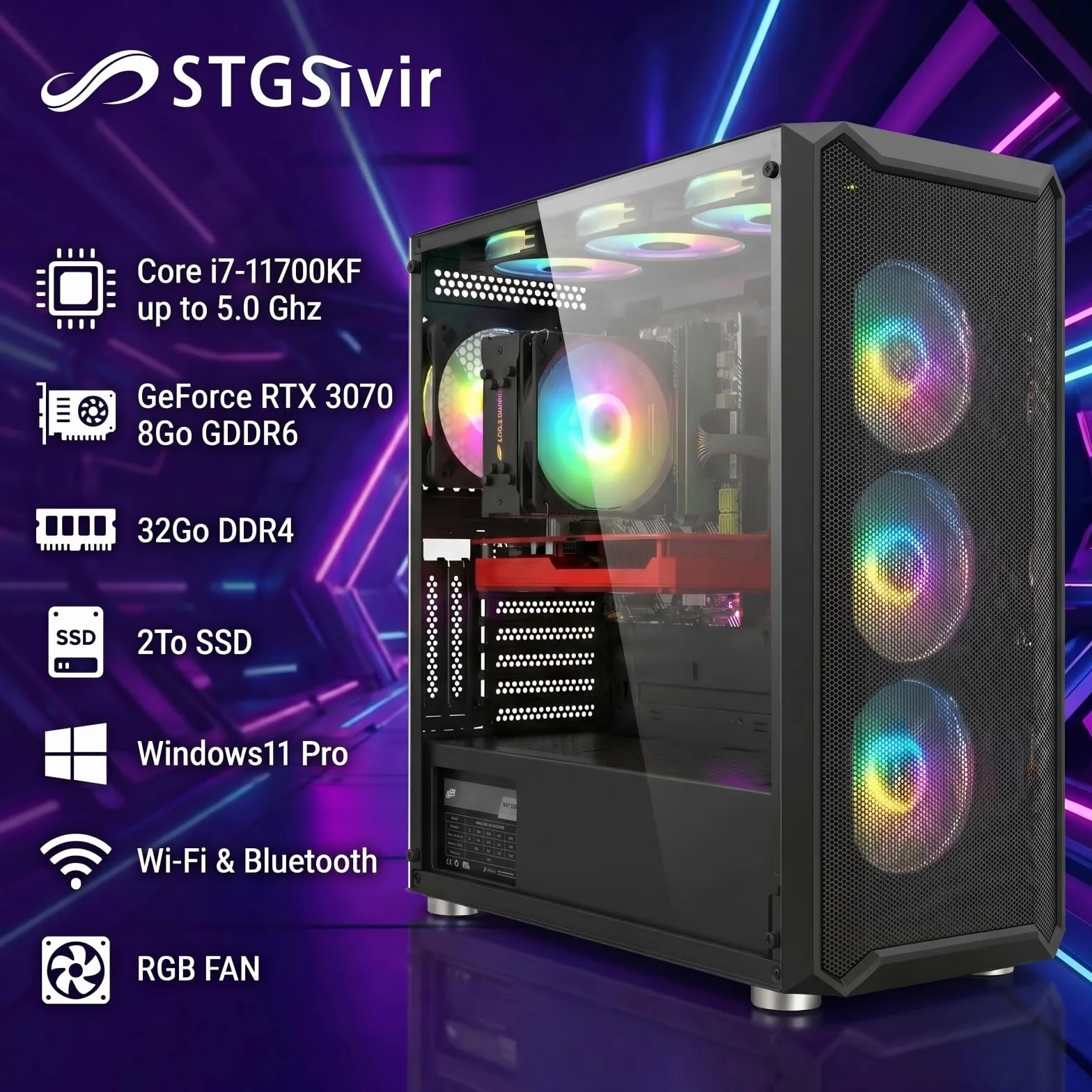 PC Gamer Fixe Core i7-11700KF 5 GHz RTX 3070 8Go GDDR6 32Go DDR4 RAM 2To SSD WiFi6 BT 5.0 Windows 11 Pro