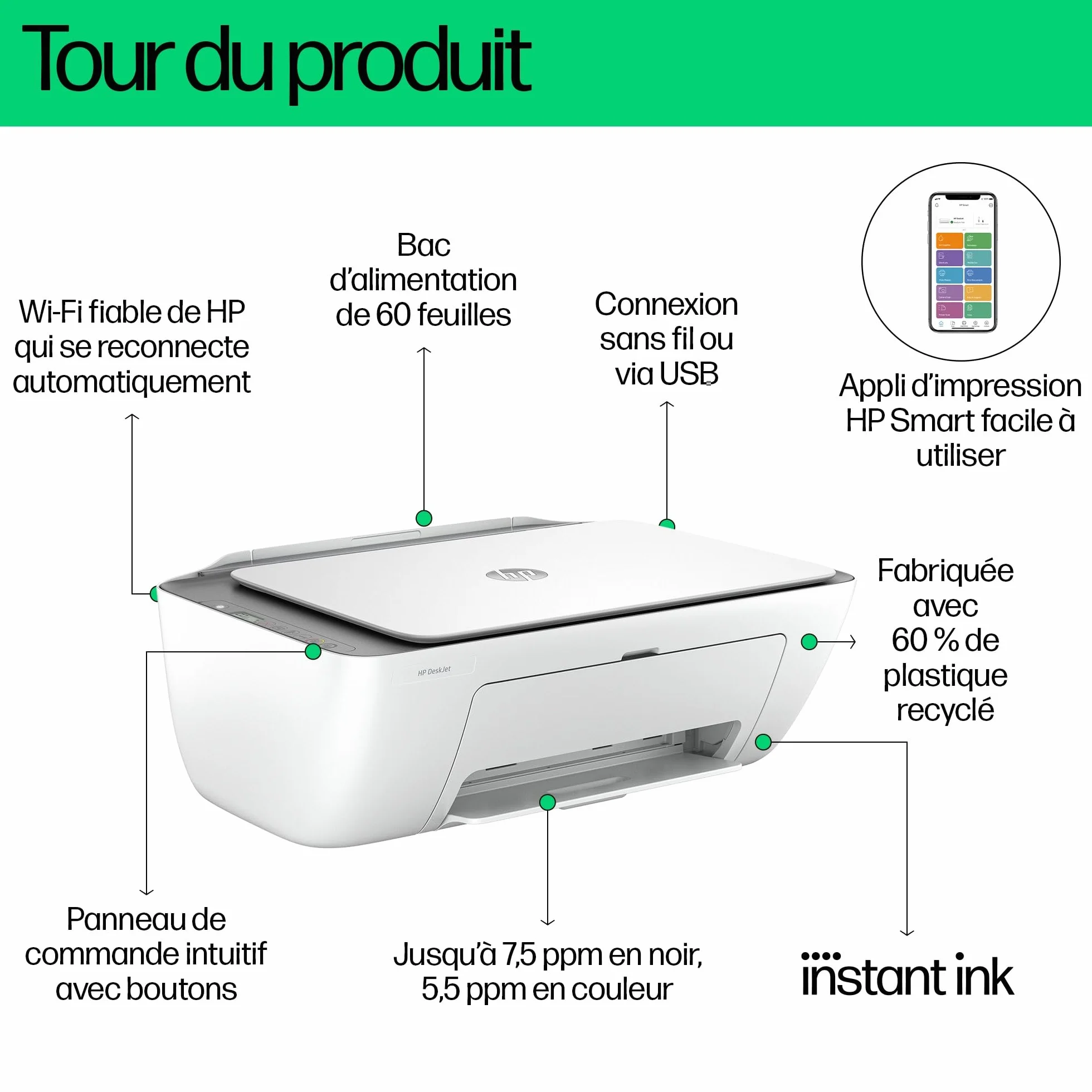 HP DeskJet 2820e Imprimante Tout en Un Jet d'encre Couleur WiFi