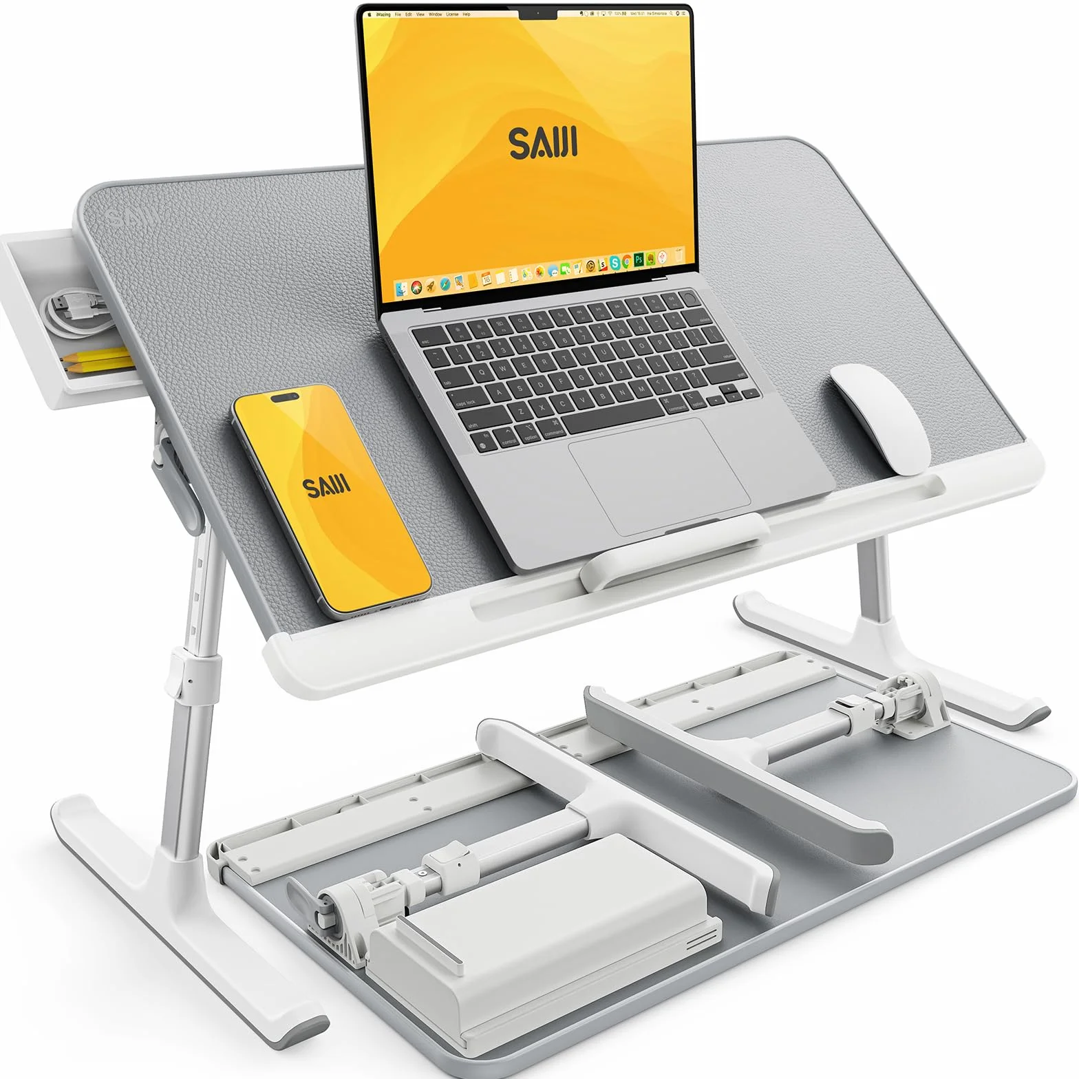 SAIJI Table de Lit Pliante Réglable en Cuir PVC avec Tiroir de Rangement et Déflecteur Silicone Amovible Gris