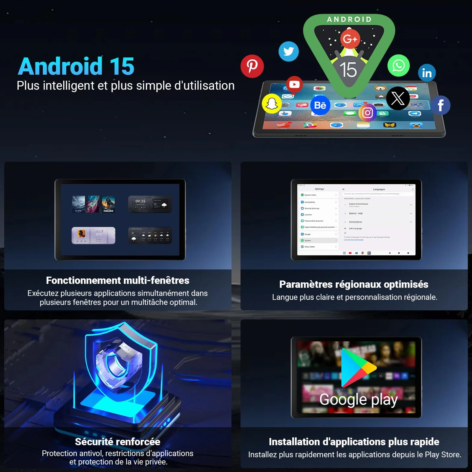 Tablette 10 Pouces Android 15 32 Go ROM+1 To TF 5000 mAh WiFi 6 Bluetooth 5.4 Widevine L1 Noir
