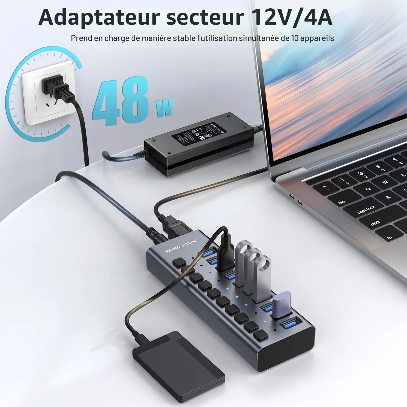 ACASIS Hub USB 3.2 10 Ports, 10Gbps avec Interrupteurs Individuels, 48W Alimentation
