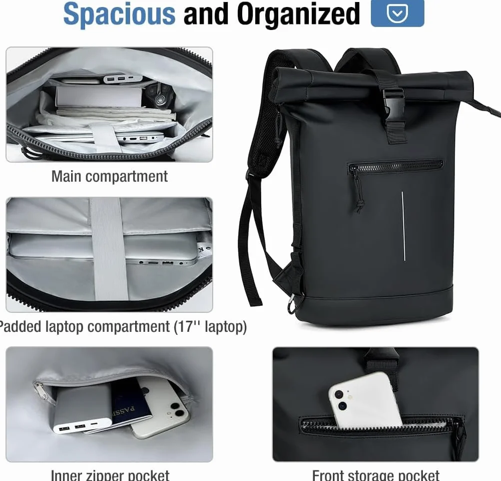 Lekeinchi Sac à Dos Étanche pour Ordinateur Portable 17 Pouces, Grand Sac à Dos Voyage Noir