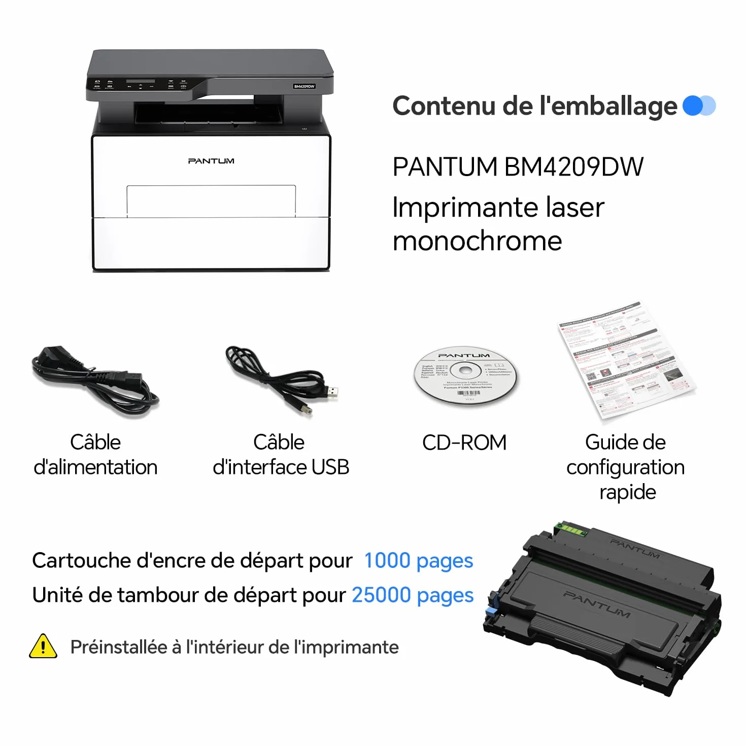 PANTUM BM4209DW Imprimante Laser Multifonction Noir et Blanc Recto-Verso Automatique USB Wi-Fi Airprint Mopria