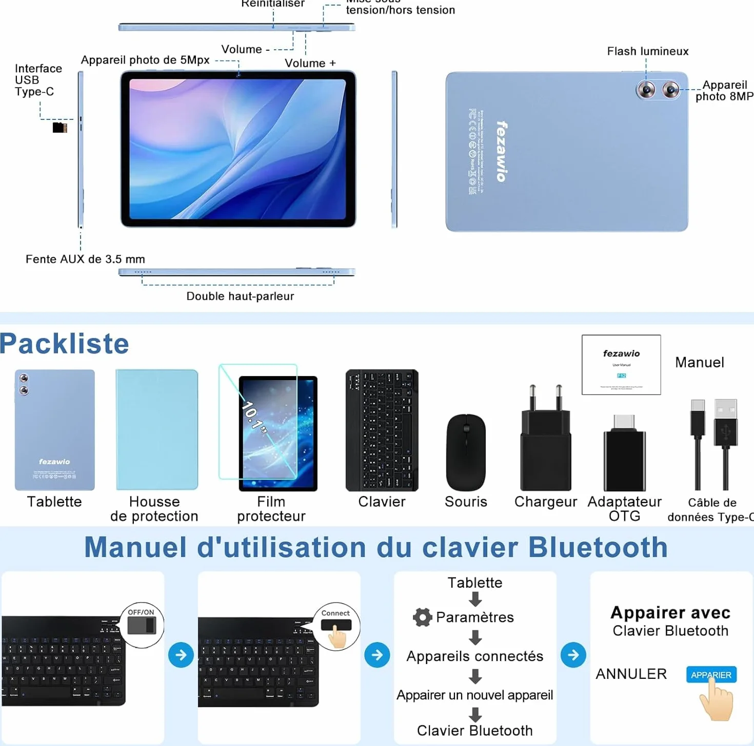 Tablette Android 15 Gemini AI 10,1 Pouces 30Go RAM 128Go ROM Octa-Core 8000mAh Wi-Fi 6 Bleu