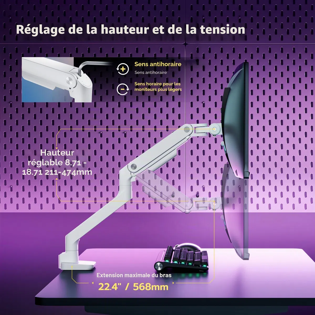 ARES WING Support d'écran pour écrans plats et incurvés de 17-49", bras de moniteur charge max. 20 kg, support de bureau avec ressort à gaz, hauteur réglable, VESA 75/100 mm, blanc