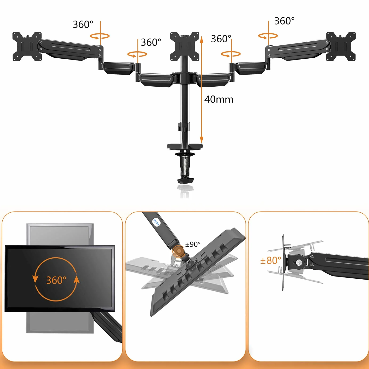 Pholiten Support Ecran PC 3 Ecran, Support de Moniteur 17-27", Inclinaison et Pivotement, VESA 75/100mm