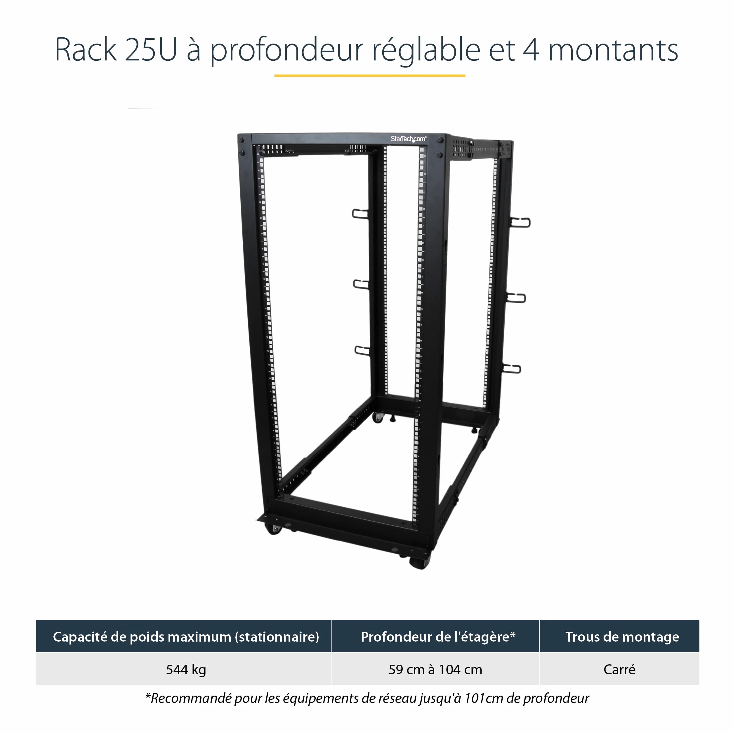 StarTech Rack Serveur 25U 4 Montants, Rack Ouvert 19 pouces Profondeur 101 cm Capacité 544 kg